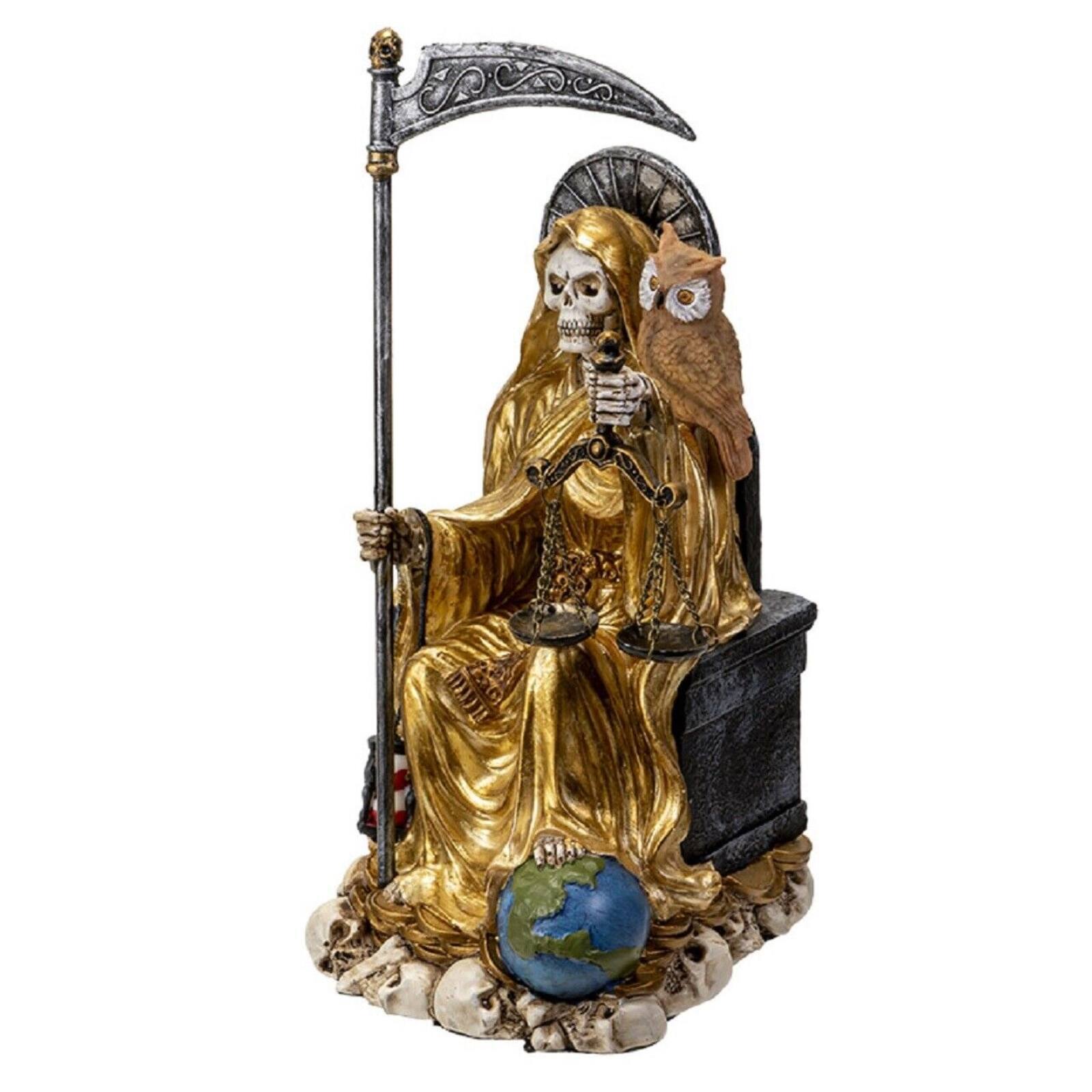 Back. Pacific Trading - Sitting Santa Muerte in Gold Gown with Owl and Scale Figurine 9 Inch.