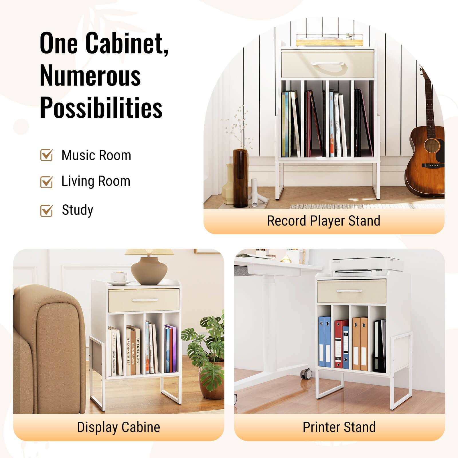 One Cabinet, Numerous Possibilities

- Music Room
- Living Room
- Study

Record Player Stand

Display Cabinet

Printer Stand