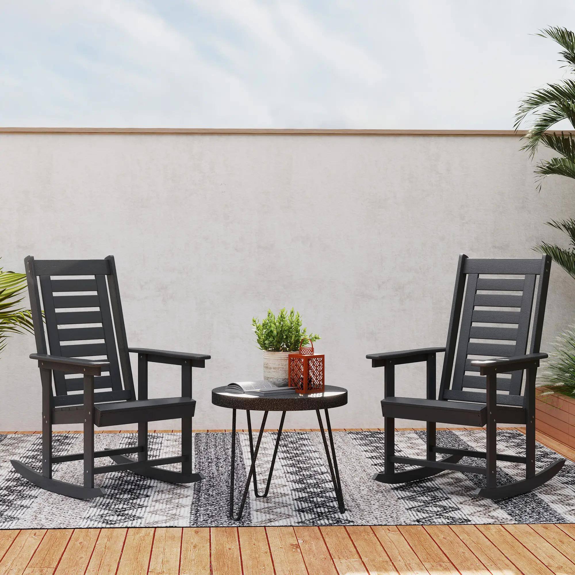 Left. Resenkos - Resenkos 2-Piece HDPE Rocking Chairs, 28" Tall Back, Comfortable Wide Arms, Patio Porch Seating, Black - Black.