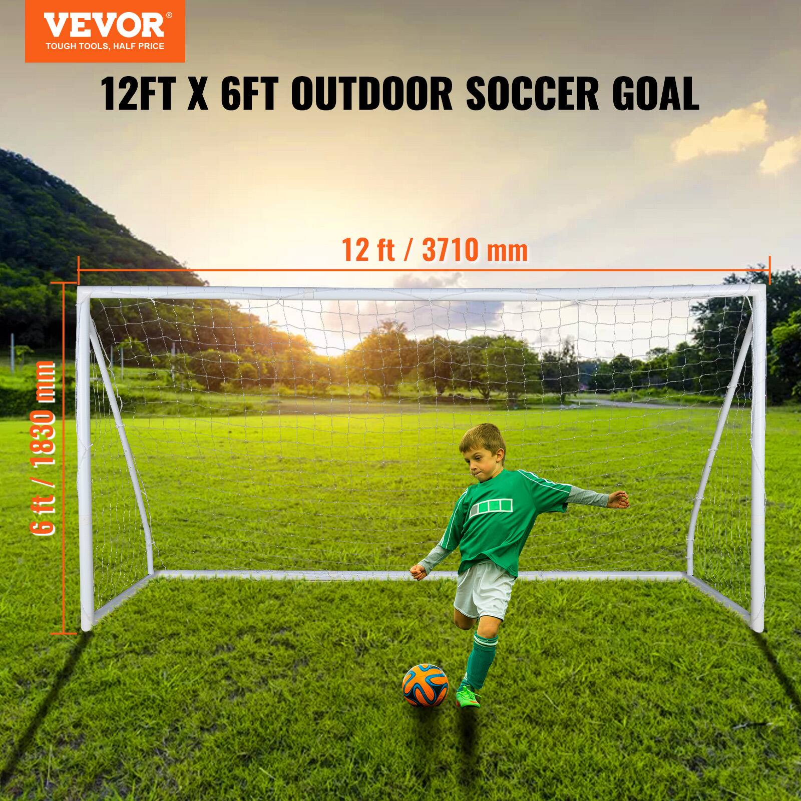 VEVOR  
TOUGH TOOLS, HALF PRICE  

12FT X 6FT OUTDOOR SOCCER GOAL  

12 ft / 3710 mm  
6ft / 1830 mm