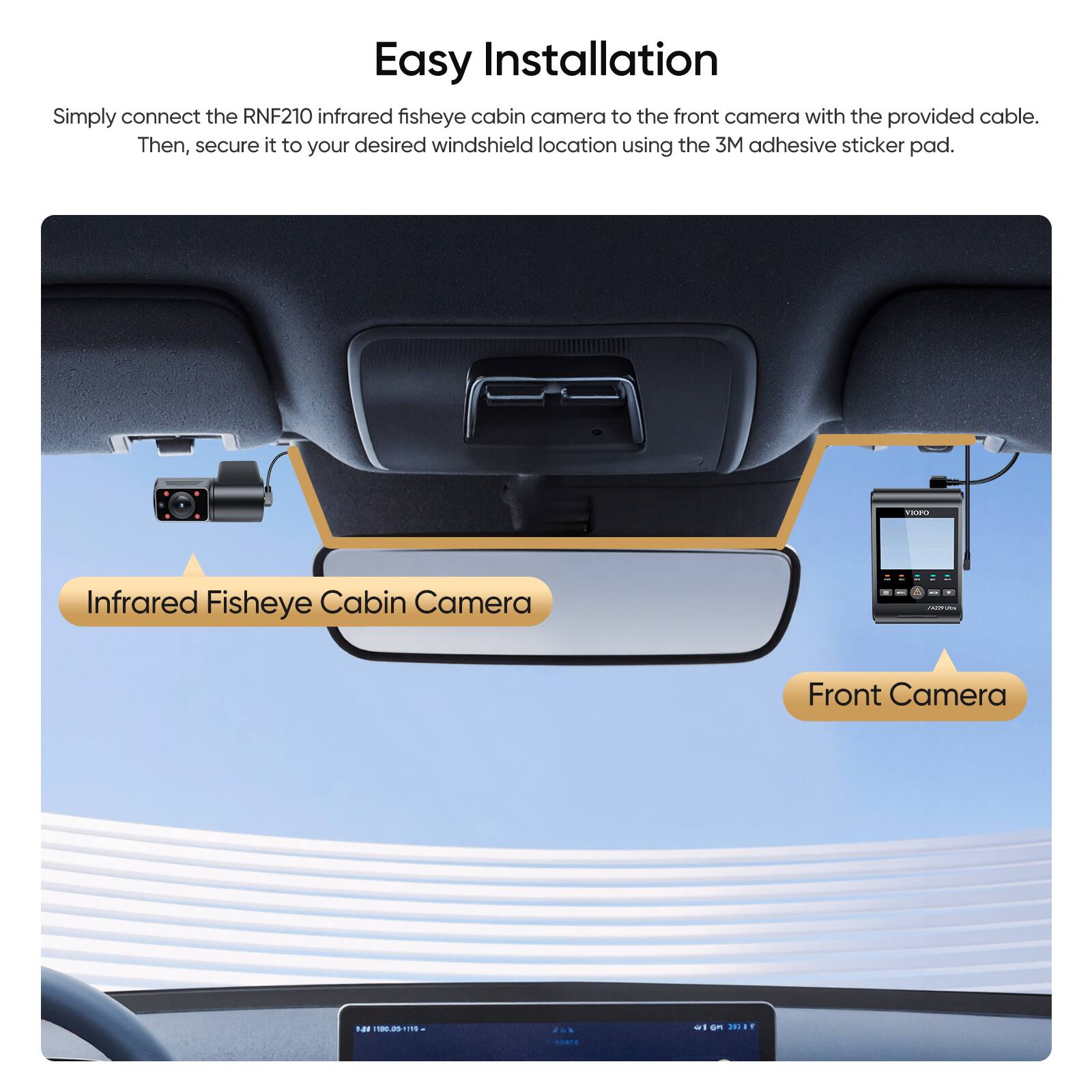 Easy Installation

Simply connect the RNF210 infrared fisheye cabin camera to the front camera with the provided cable. Then, secure it to your desired windshield location using the 3M adhesive sticker pad.

Infrared Fisheye Cabin Camera

Front Camera