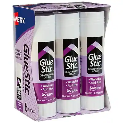 AVERY Glue Stic
DISAPPEARING COLOR
Washable
Acid Free
Net Wt. 1.27oz (36g)
6 STICKS