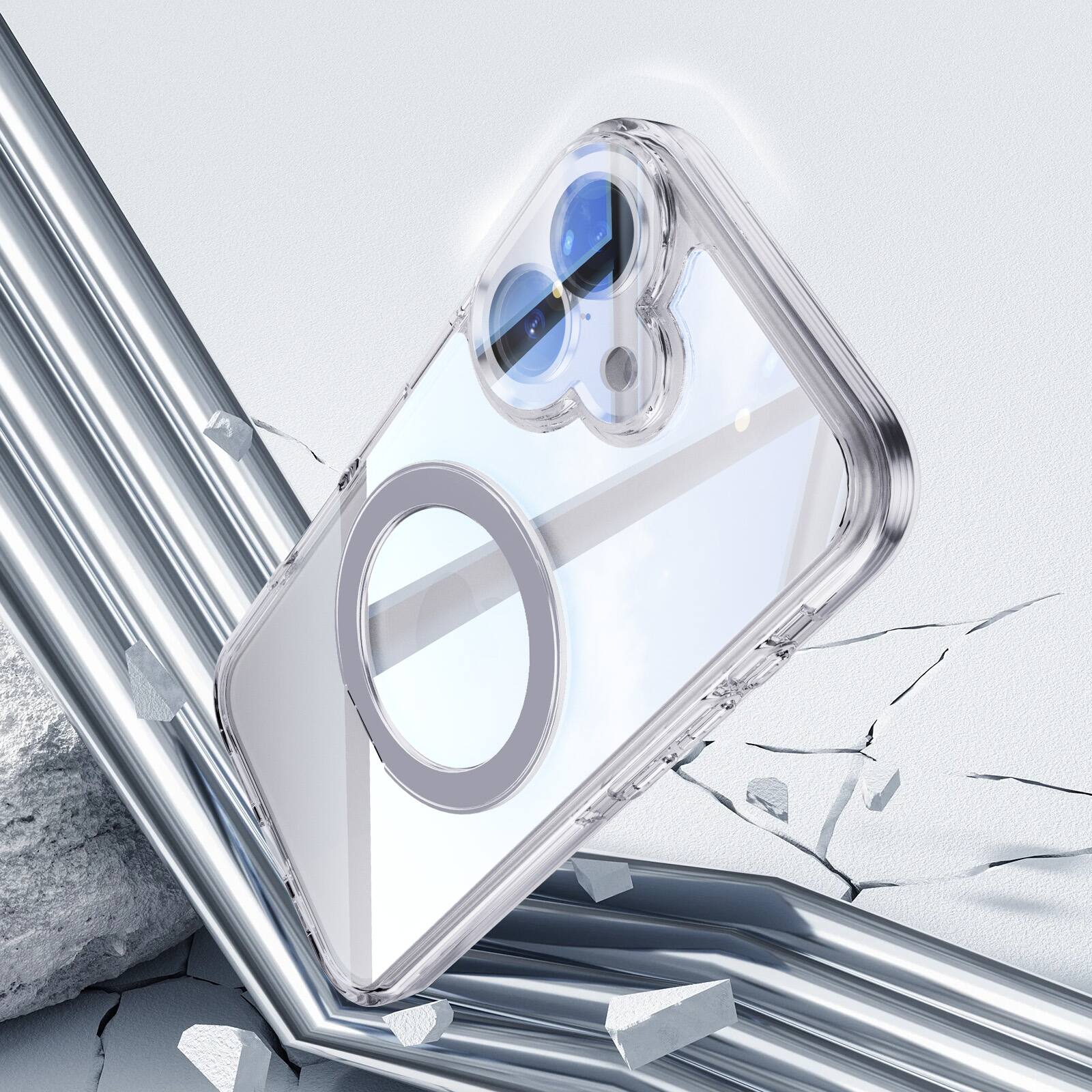 Back. Dteck - Magnetic Clear Phone Case for Apple iPhone 17 with 360° Rotating Kickstand Shockproof PC+TPU Slim Transparent Cover - White.