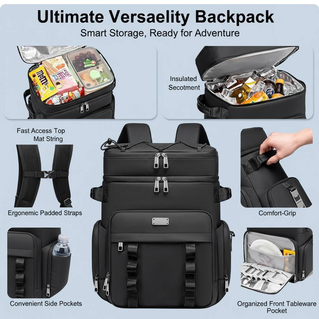 Ultimate Versalety Backpack  
Smart Storage, Ready for Adventure  

- Fast Access Top Mat String  
- Insulated Secotment  
- Ergonomic Padded Straps  
- Comfort-Grip  
- Convenient Side Pockets  
- Organized Front Tableware Pocket
