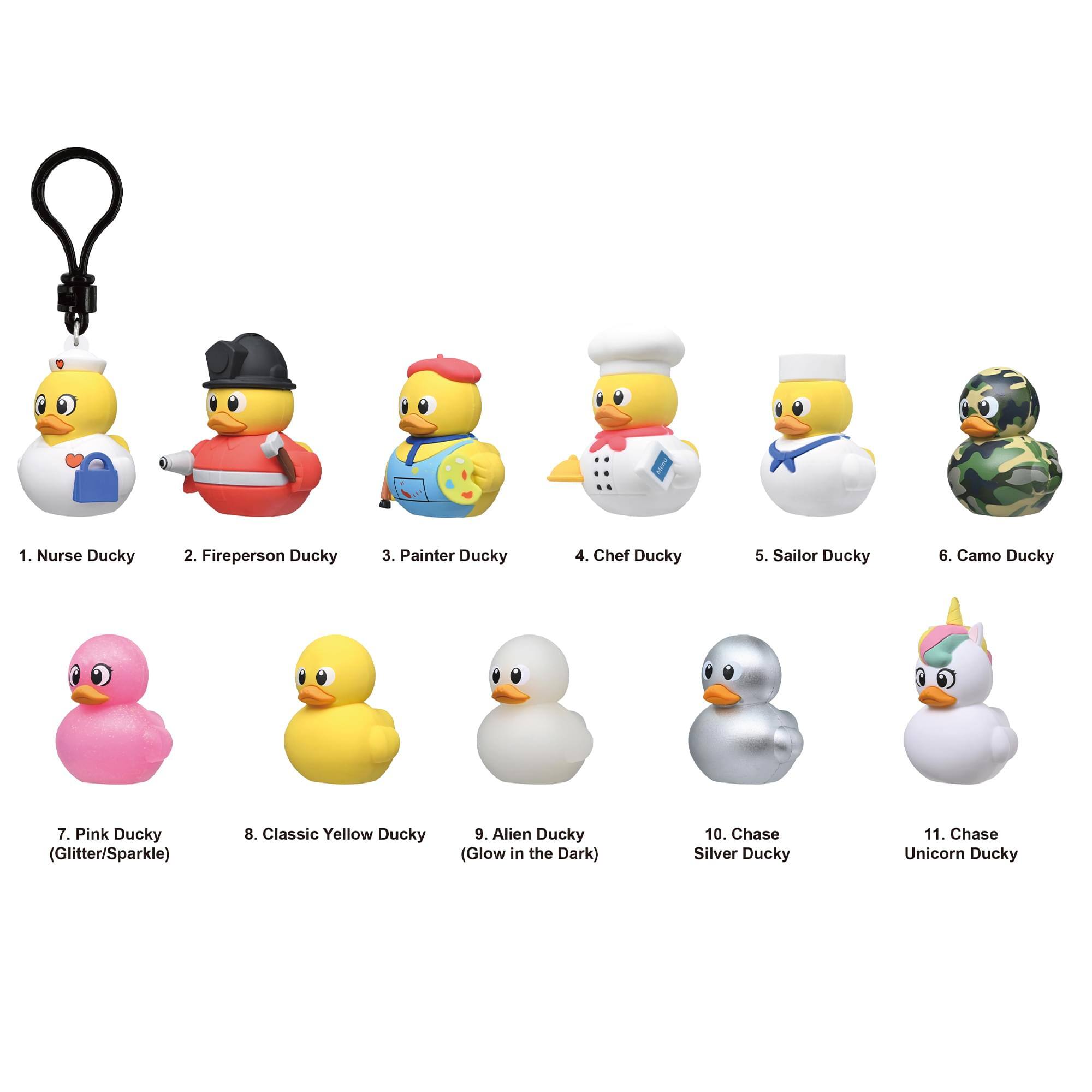 1. Nurse Ducky  
2. Fireperson Ducky  
3. Painter Ducky  
4. Chef Ducky  
5. Sailor Ducky  
6. Camo Ducky  
7. Pink Ducky (Glitter/Sparkle)  
8. Classic Yellow Ducky  
9. Alien Ducky (Glow in the Dark)  
10. Chase Silver Ducky  
11. Chase Unicorn Ducky