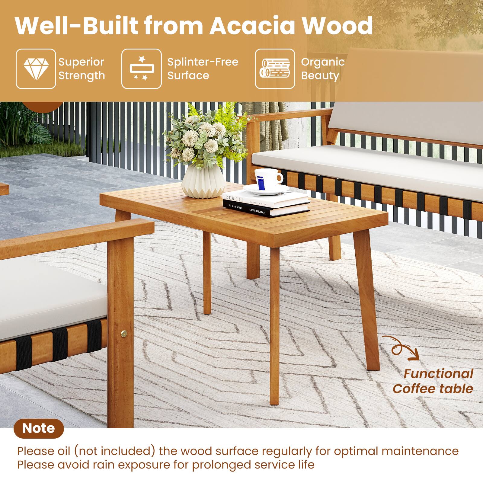 Well-Built from Acacia Wood

- Superior Strength
- Splinter-Free Surface
- Organic Beauty

Functional Coffee table

Note
Please oil (not included) the wood surface regularly for optimal maintenance
Please avoid rain exposure for prolonged service life
