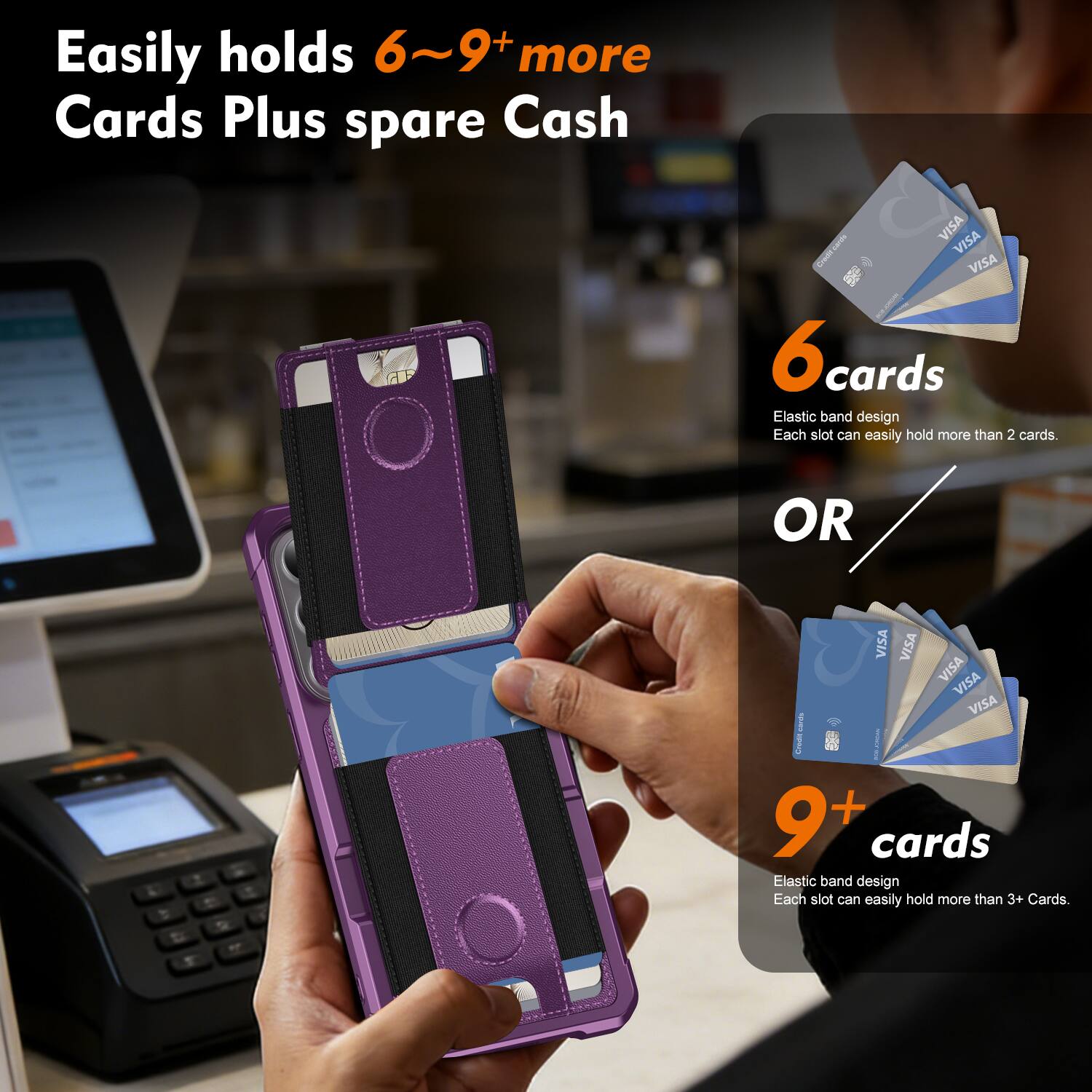 Easily holds 6~9+ more Cards Plus spare Cash

6 cards
Elastic band design
Each slot can easily hold more than 2 cards.

OR

9+ cards
Elastic band design
Each slot can easily hold more than 3+ Cards.
