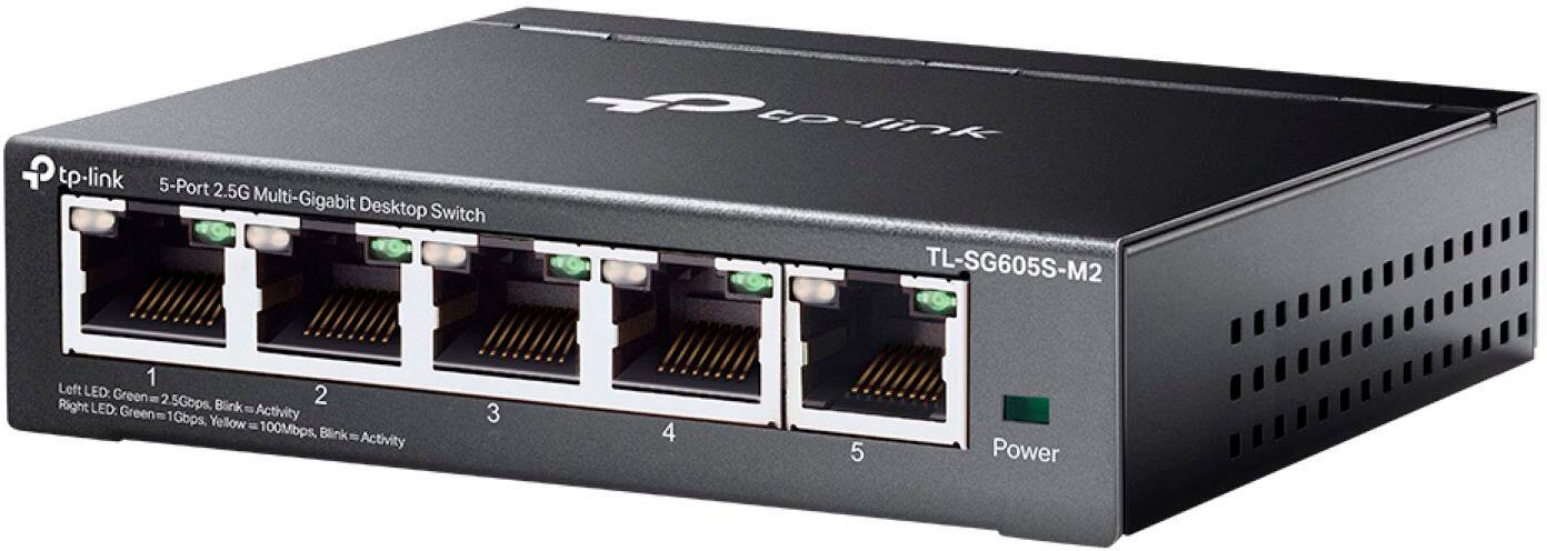 The image features a TP-Link 5-Port 2.5G Multi-Gigabit Desktop Switch with a total of 8 ports. The switch is designed to provide high-speed connectivity for devices such as computers, laptops, and other network-enabled devices. The switch has a sleek black design and is equipped with LED indicators for easy monitoring of network activity. The switch is capable of supporting both 100Mbps and 2.5Gbps speeds, making it suitable for both home and office environments.