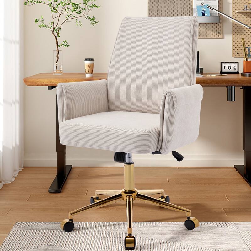 Alt View 1. HTUTWOO - Ergonomic Mid-Back Liftable Office Chair, Golden Metal Base, Memory Foam Cushion | for Home Office, Study, Work - White.