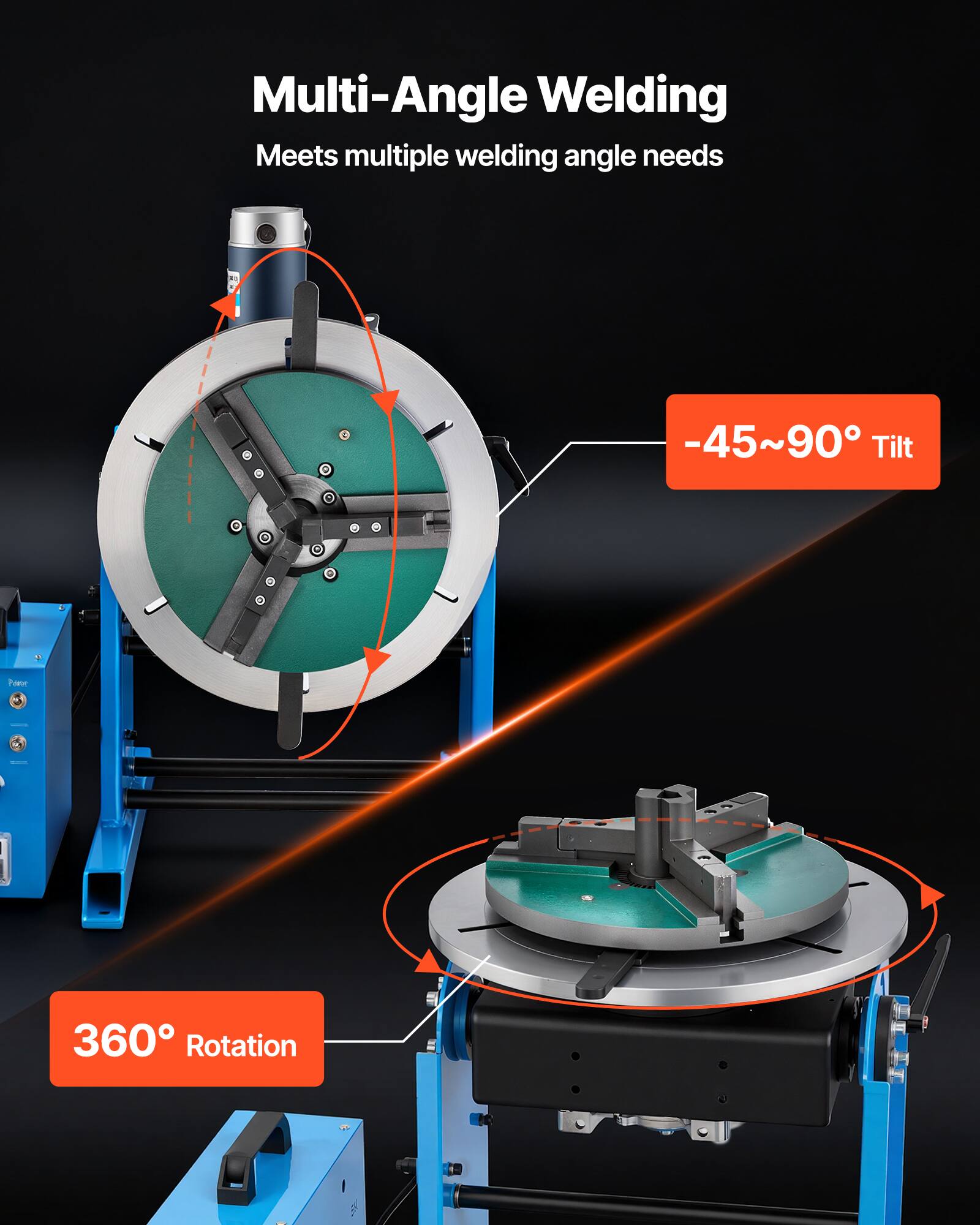 Multi-Angle Welding  
Meets multiple welding angle needs  

-45~90° Tilt  

360° Rotation