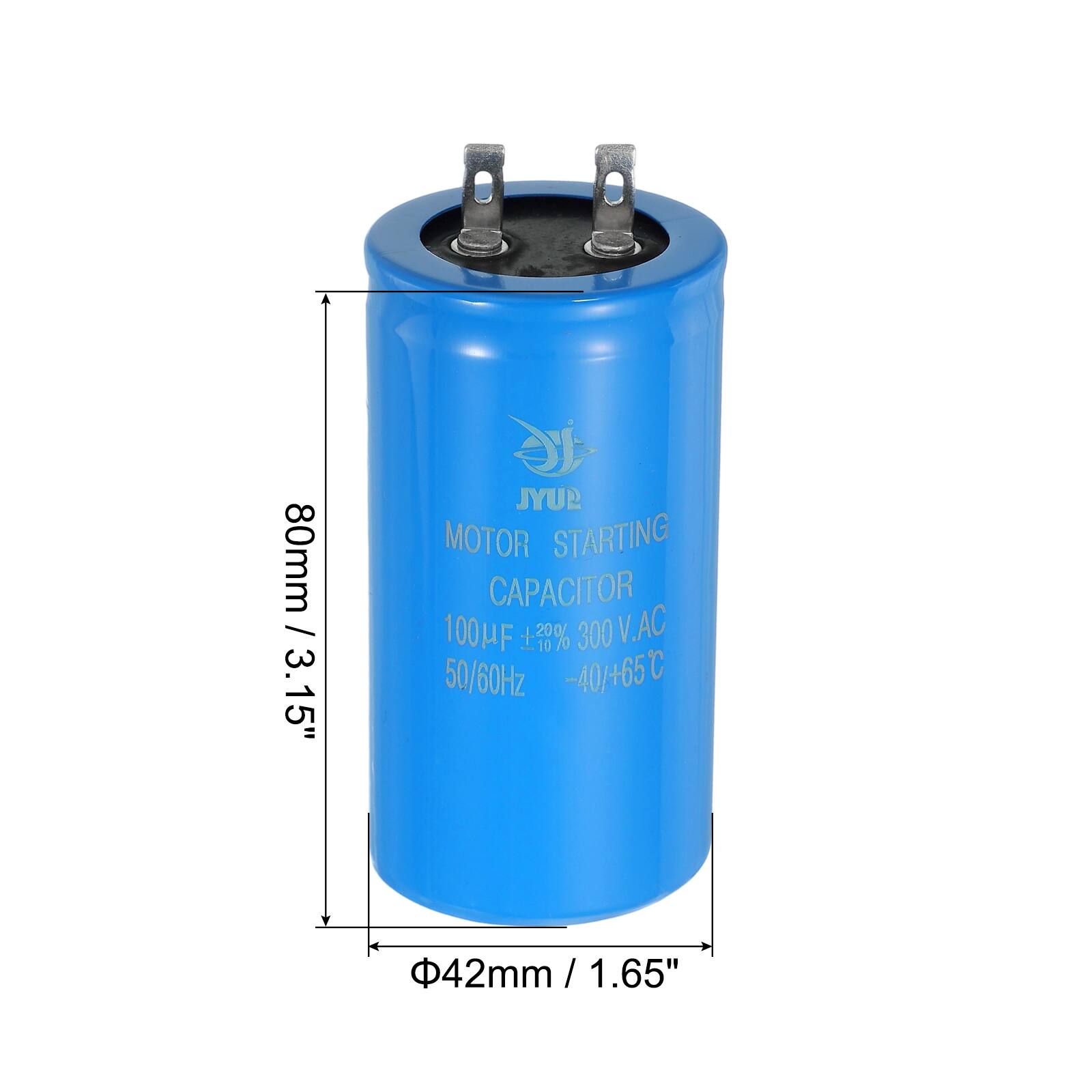 80mm / 3.15" JYUP MOTOR STARTING CAPACITOR 100µF 7% 300 V.AC 50/60Hz -40/+65°C C 42mm / 1.65"