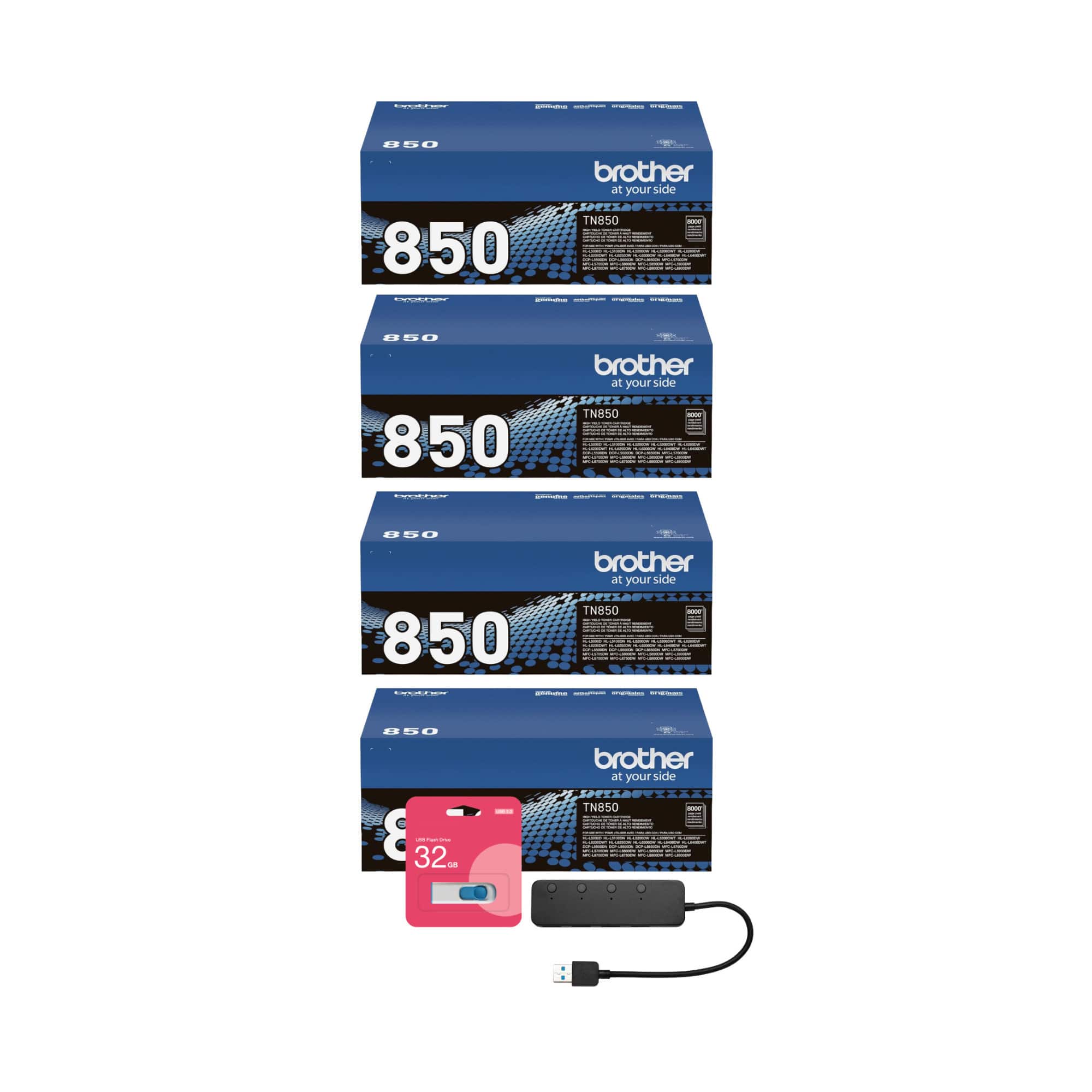 Brother Mobile Solutions - Brother Genuine TN850 High-Yield Black Toner Cartridge 4-Pack with Accessories