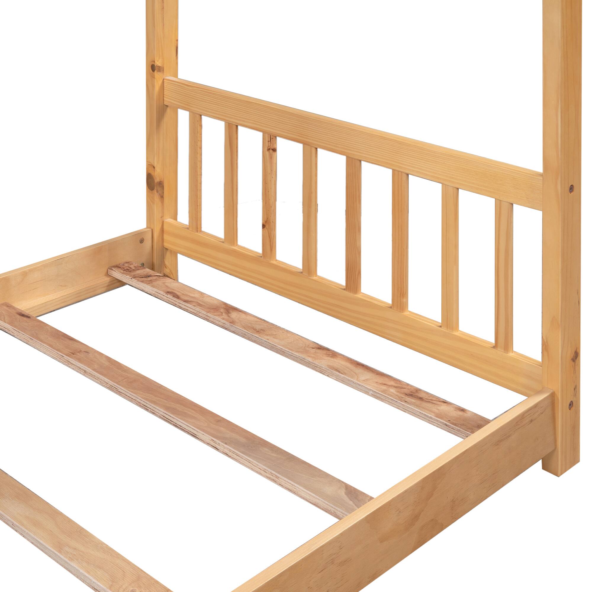 Alt View 4. Spaco - Spaco Twin House Bed with Roof Headboard, Low Platform Design, Solid Pine Wood Frame and Easy Assembly for Kids Room - Natural.