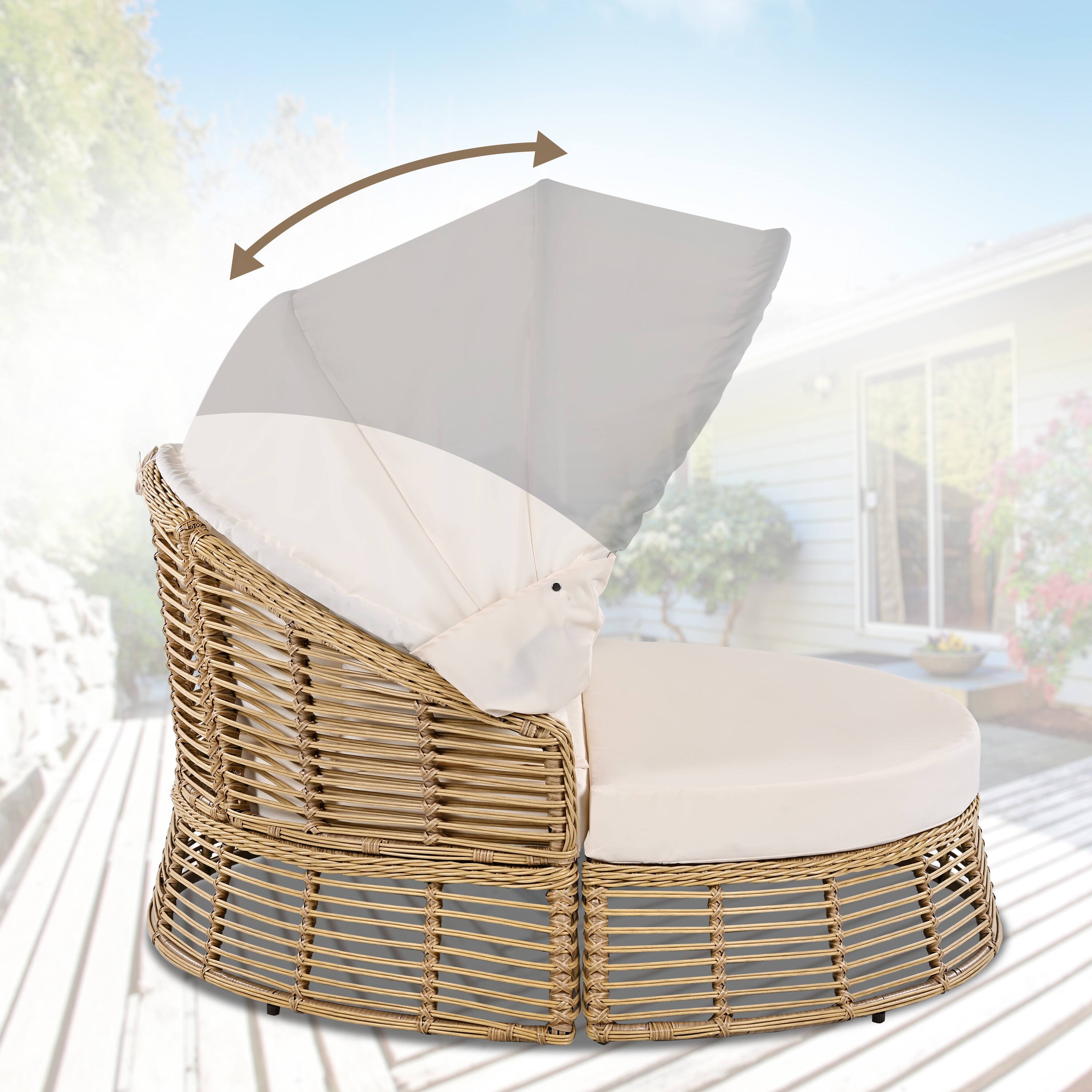 Alt View 1. Whisen - Outdoor Wicker Round Daybed with Retractable Canopy, Patio Furniture Sunbed with Cushions for Poolside - Beige.