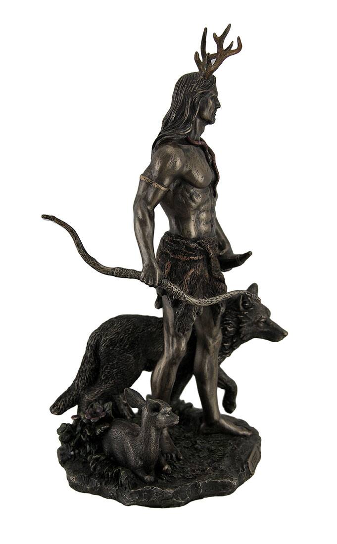 Alt View 2. Veronese Design - Herne the Spirit Hunter of Windsor Forest Standing With Deer and Wolf - Bronze.