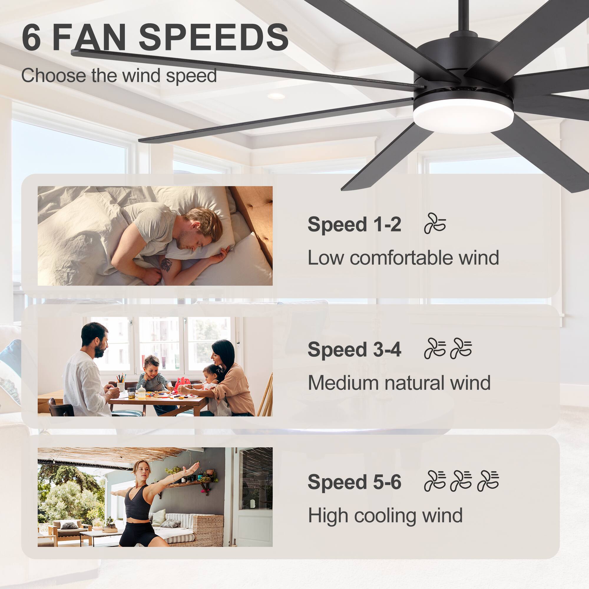 6 FAN SPEEDS  
Choose the wind speed  

Speed 1-2  
Low comfortable wind  

Speed 3-4  
Medium natural wind  

Speed 5-6  
High cooling wind