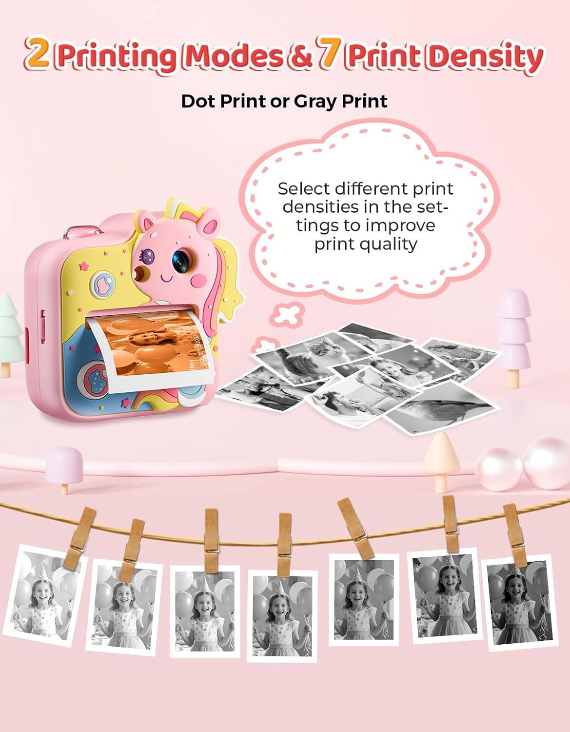 2 Printing Modes & 7 Print Density  
Dot Print or Gray Print  

Select different print densities in the settings to improve print quality