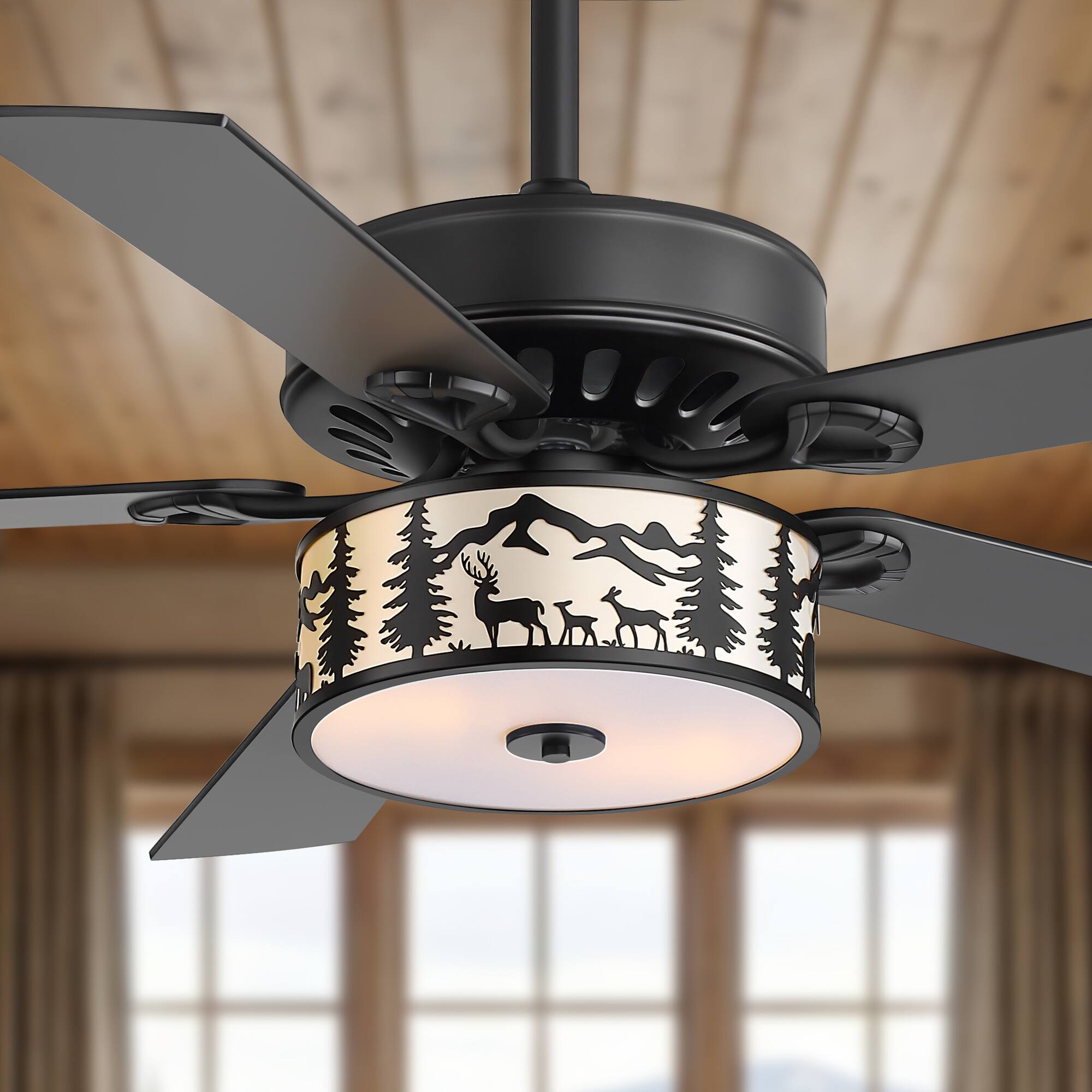 Angle. Breezary - 52-Inch Ceiling Fan with Scenic Light Shade, 5 Blades, DC Motor, Remote Control, 6 Speeds, 5"&10"Downrod Mount - 52-inch Matte Black & Wood Grain.