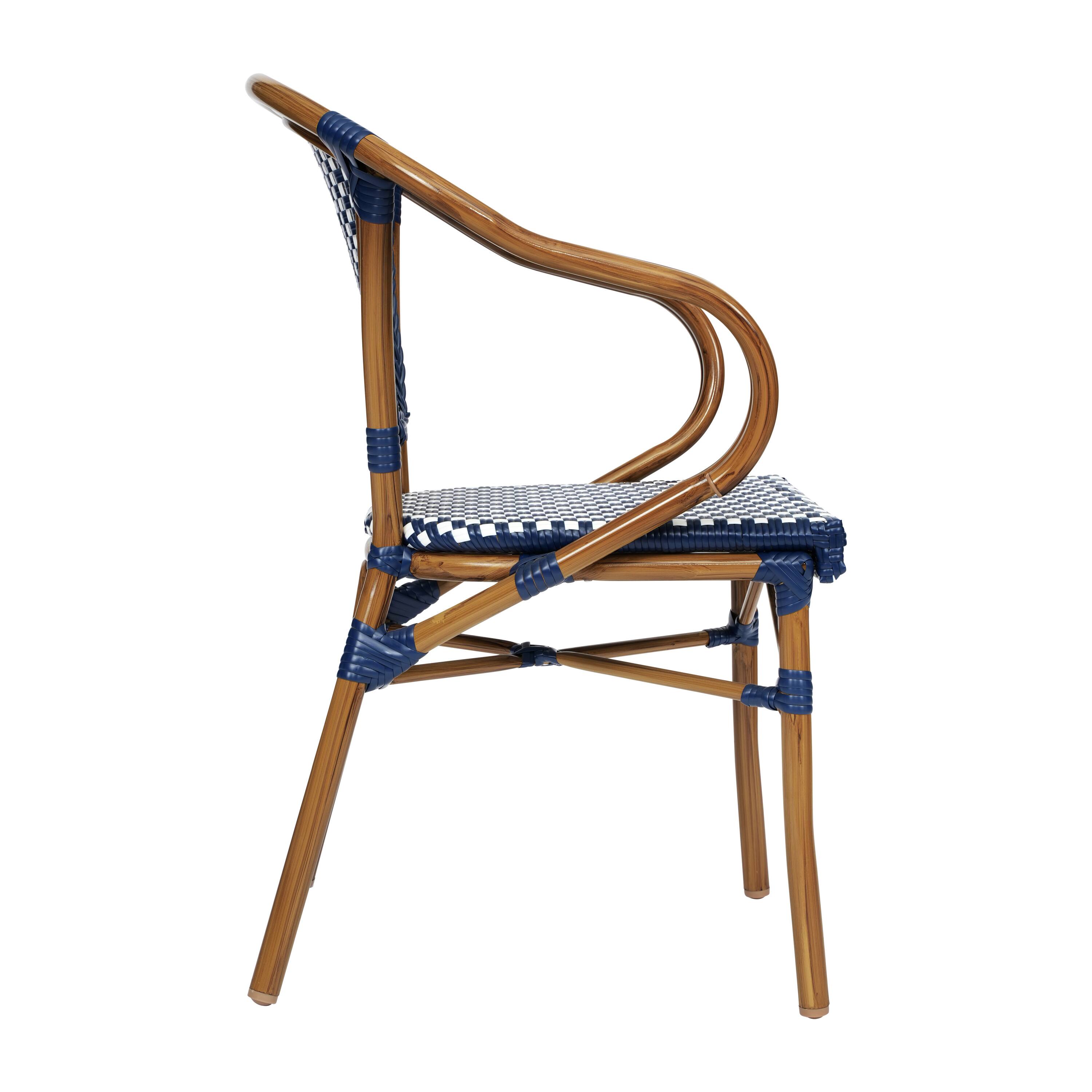 Alt View 7. Emma + Oliver - Soie Indoor/Outdoor Stacking Thonet Bistro Style Chair with Arms, PE Rattan Seat and Bamboo Finished Metal Frame - Navy & White/Natural Frame.