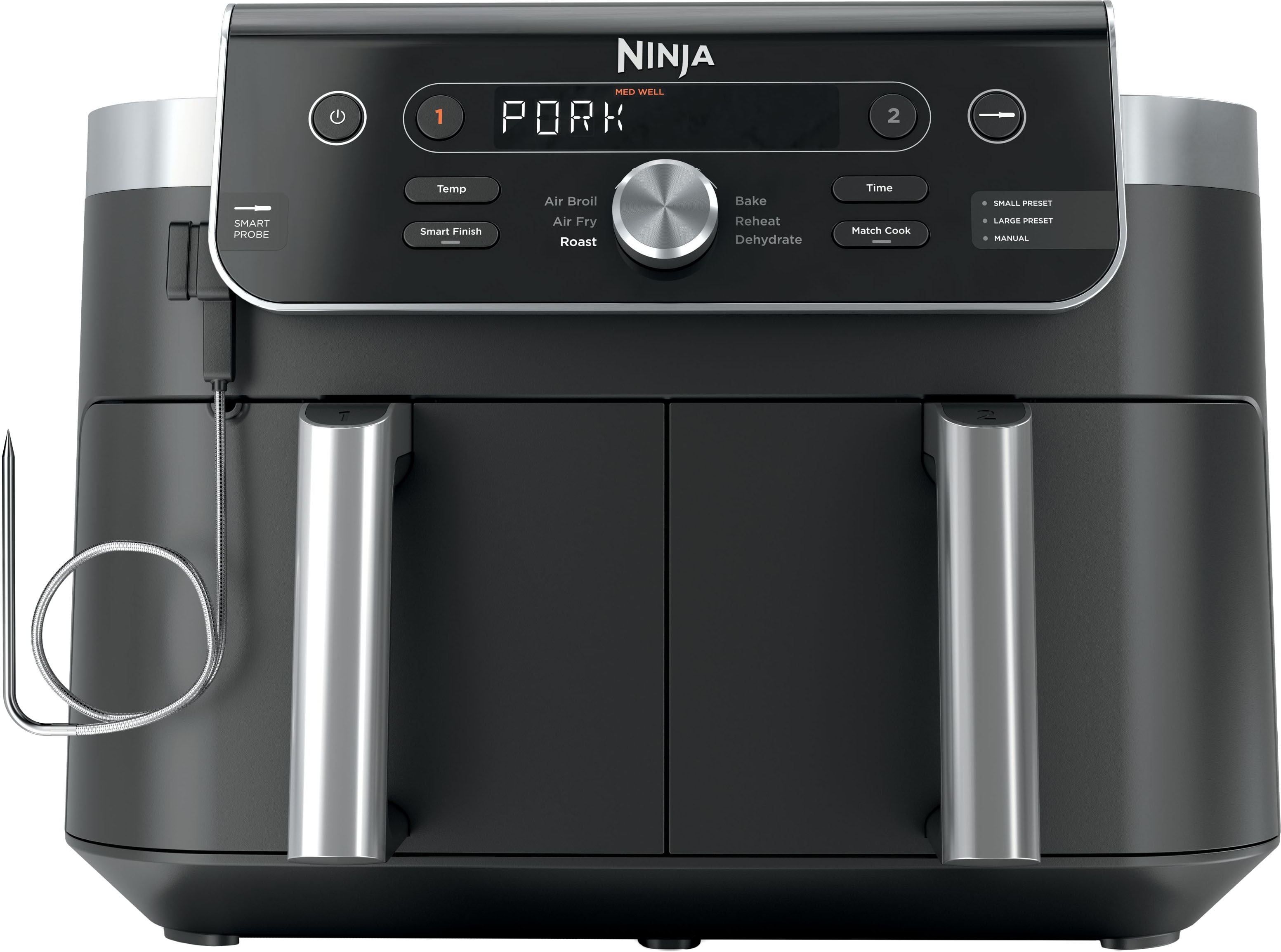 1. NINJA MED WELL PORK
2. SMART PROBE
3. Temp
4. Air Broil
5. Air Fry
6. Roast
7. Bake
8. Reheat
9. Dehydrate
10. Smart Finish
11. Time
12. Match Cook
13. SMALL PRESET
14. LARGE PRESET
15. MANUAL