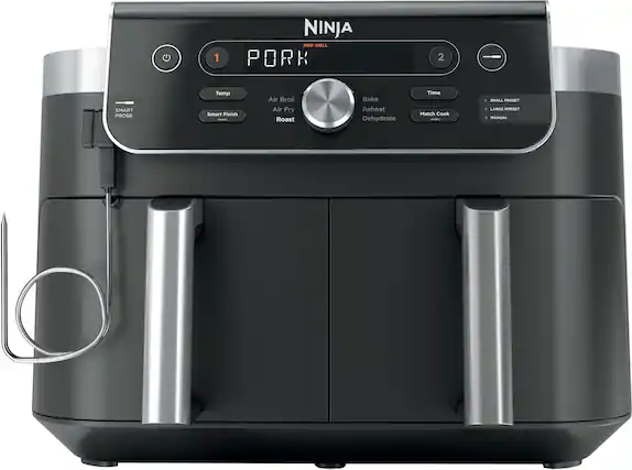 1. NINJA MED WELL PORK
2. SMART PROBE
3. Temp
4. Air Broil
5. Air Fry
6. Roast
7. Bake
8. Reheat
9. Dehydrate
10. Smart Finish
11. Time
12. Match Cook
13. SMALL PRESET
14. LARGE PRESET
15. MANUAL