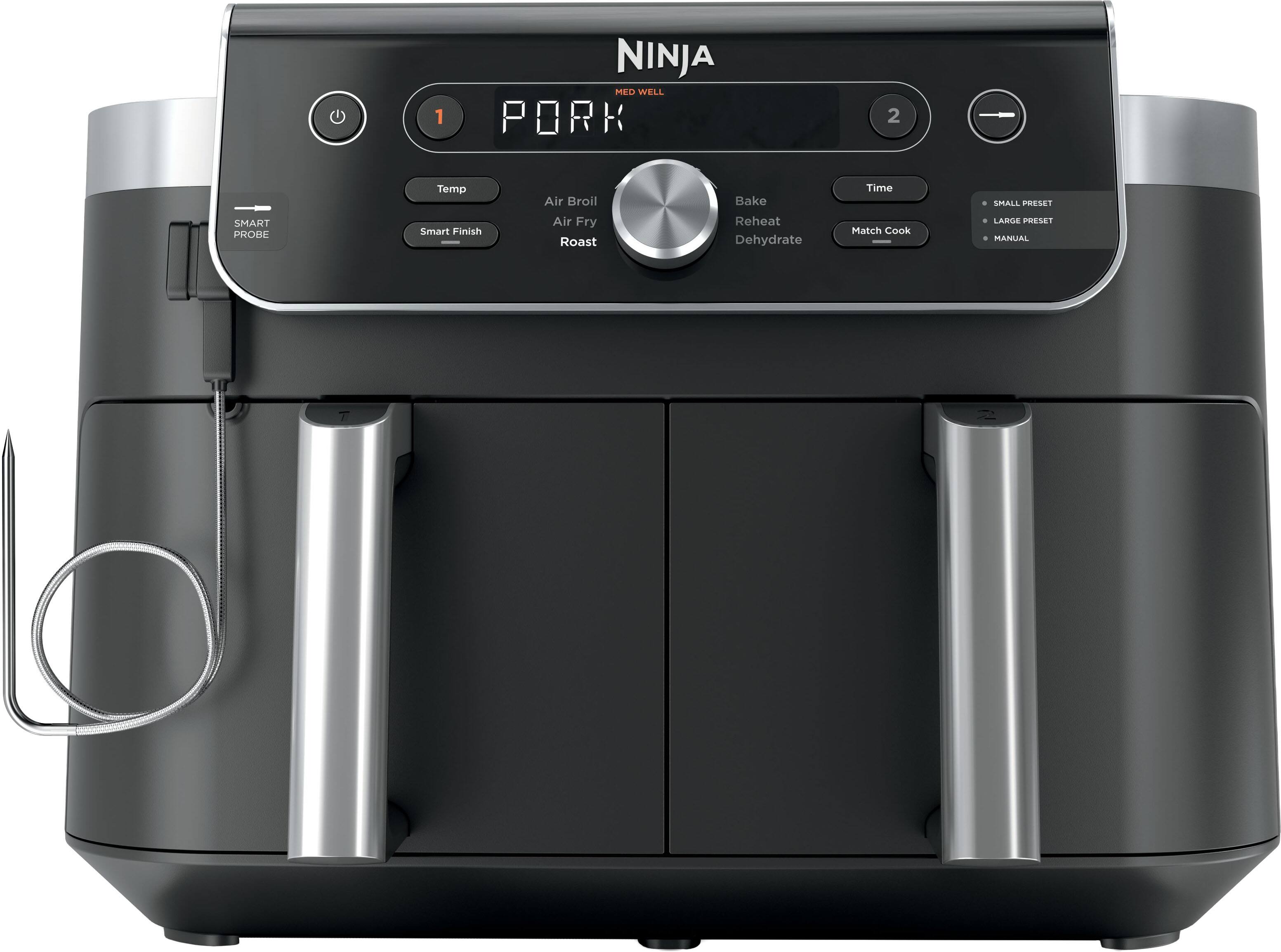 1. NINJA MED WELL PORK
2. SMART PROBE
3. Temp
4. Air Broil
5. Air Fry
6. Roast
7. Bake
8. Reheat
9. Dehydrate
10. Smart Finish
11. Time
12. Match Cook
13. SMALL PRESET
14. LARGE PRESET
15. MANUAL