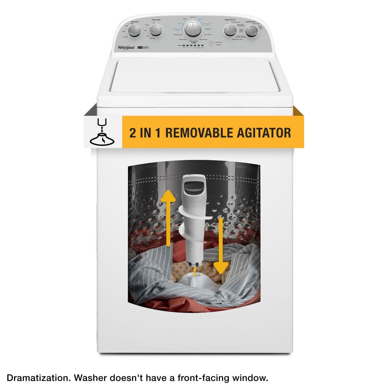 The image features a white washing machine with a yellow sticker on it that reads "2 in 1 Removable Agitator." The sticker is placed on the front of the machine. The washer is designed to have a removable agitator, which can be easily removed for cleaning purposes. The dramatization in the image suggests that the washer does not have a front-facing window, which is a common feature in many washing machines.