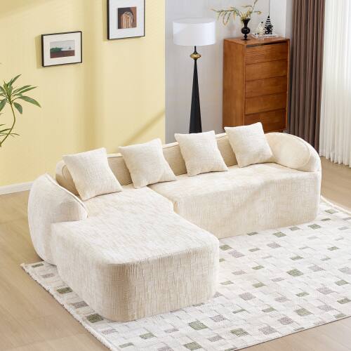 Anysun - Chenille L-Shape Compressed Sofa - High-Elastic Sponge, Curved Armrests & 4 Throw Pillows for Living Room - Beige