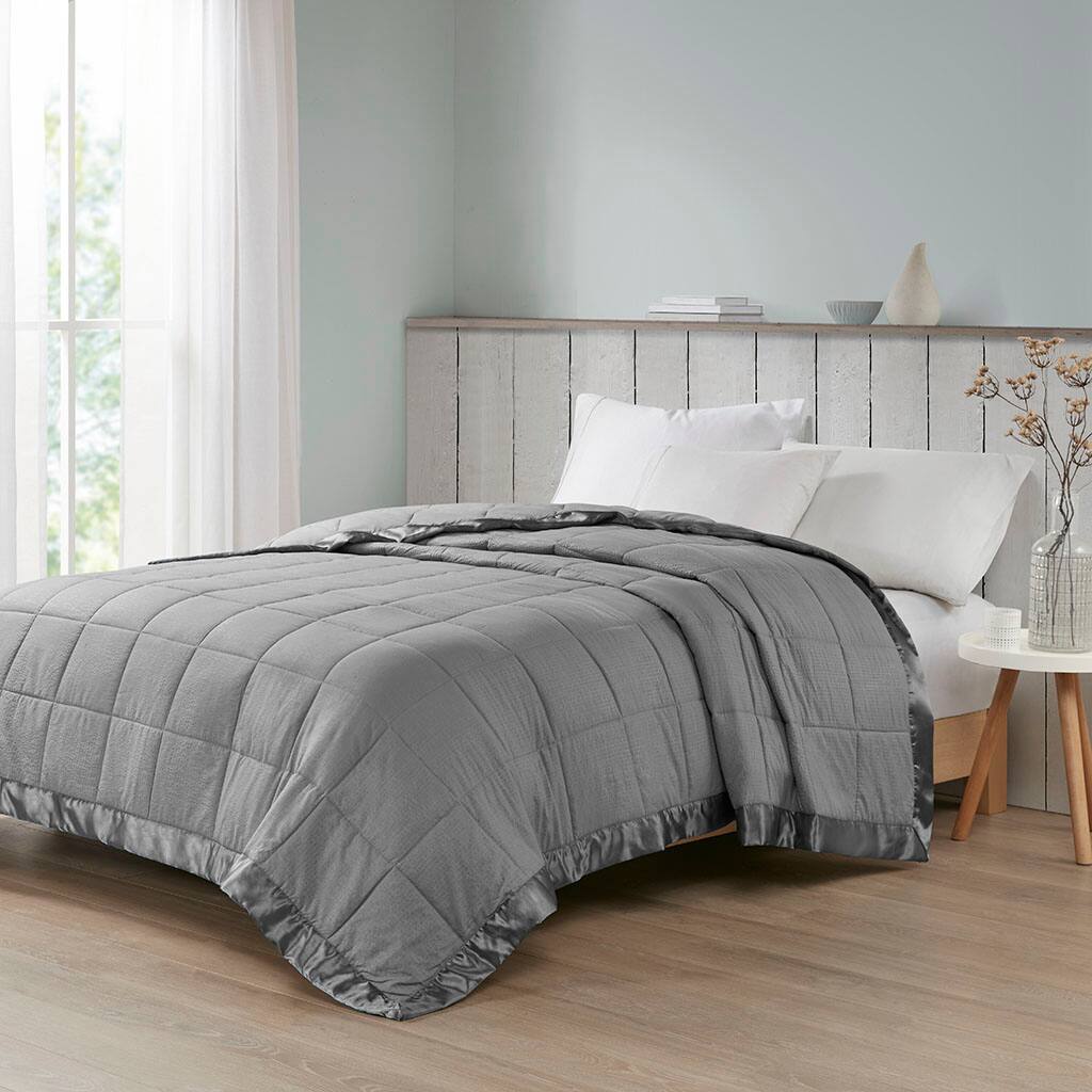 Alt View 1. Gracie Mills - Gracie Mills Lucile Textured Oversized Down Alternative Blanket with Satin Trim - Charcoal.