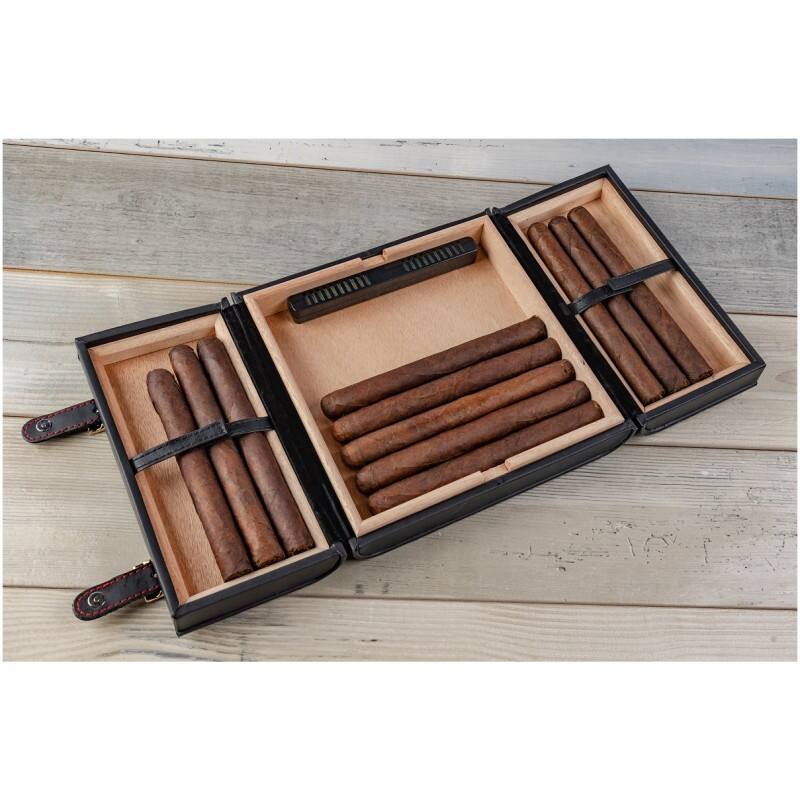 Alt View 3. Prestige - Azure Travel Cigar Humidor - Black Leather with Rich Red Stitching.