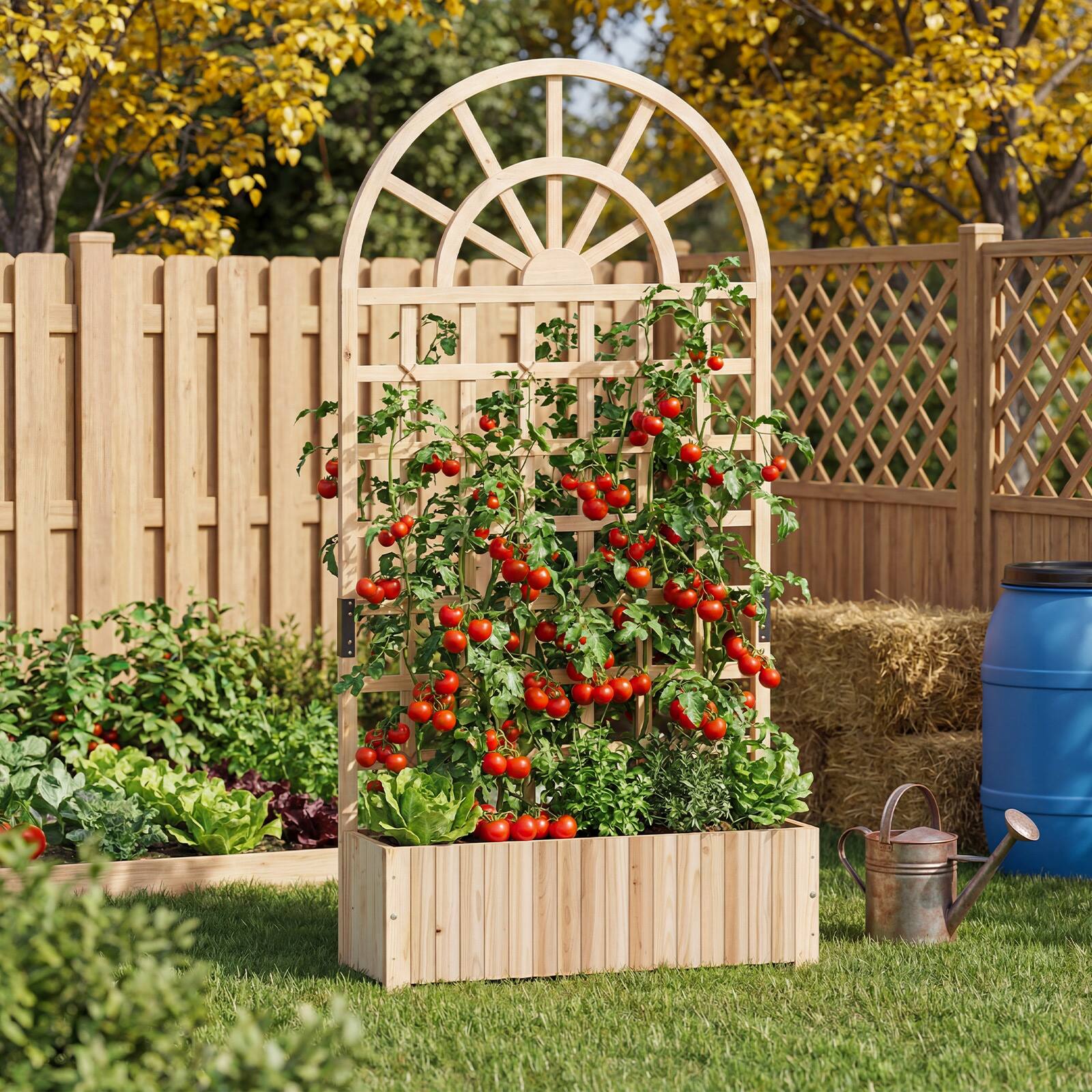 Alt View 4. Costway - Costway 2 PCS 71" Wooden Raised Garden Bed with Trellis, Drainage Holes for Vegetables - Natural.