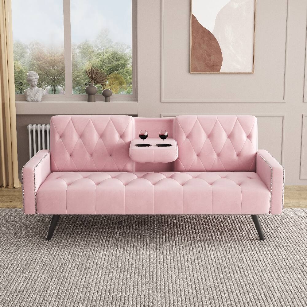 Back. Loheer - Loheer Pink Velvet Sofa Bed 72 Inch Convertible Sleeper Sofa with Cup Holders Tufted Futon for Small Spaces - Pink.