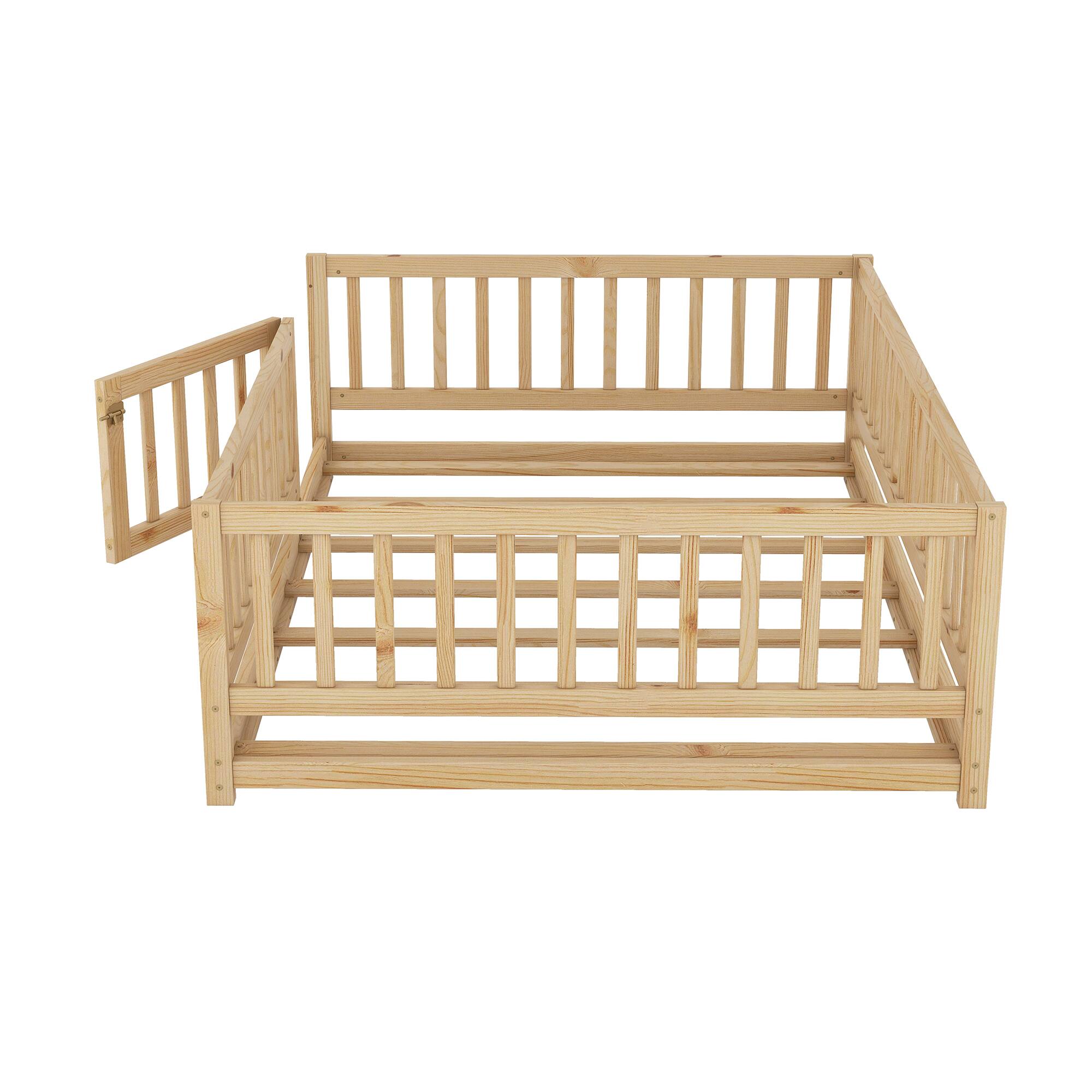 Alt View 8. Tiramisubest - Full Size Floor Bed with Slats, Floor Bed with Fence and Door, Kids Bed Full Size, Wood Floor Bed for Kids, Girls, Boys - Natural.