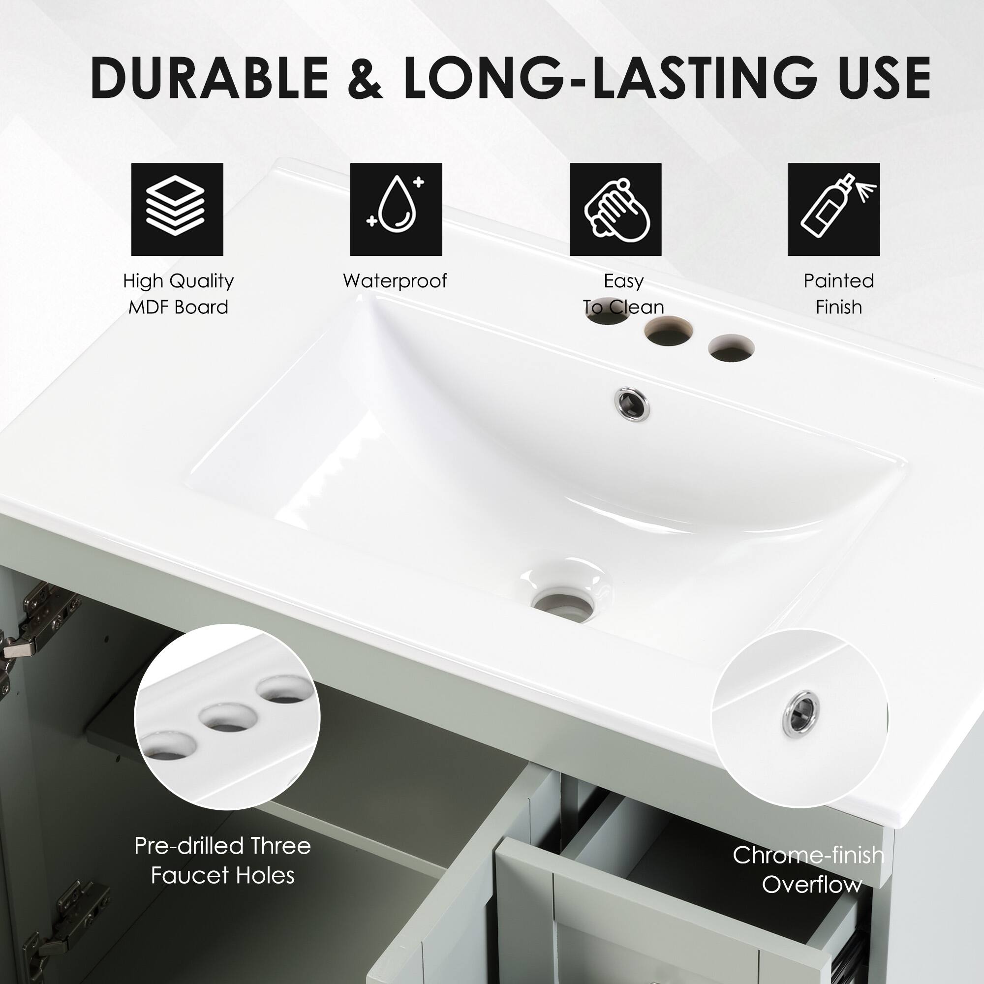 DURABLE & LONG-LASTING USE

- High Quality MDF Board
- Waterproof
- Easy To Clean
- Painted Finish
- Pre-drilled Three Faucet Holes
- Chrome-finish Overflow