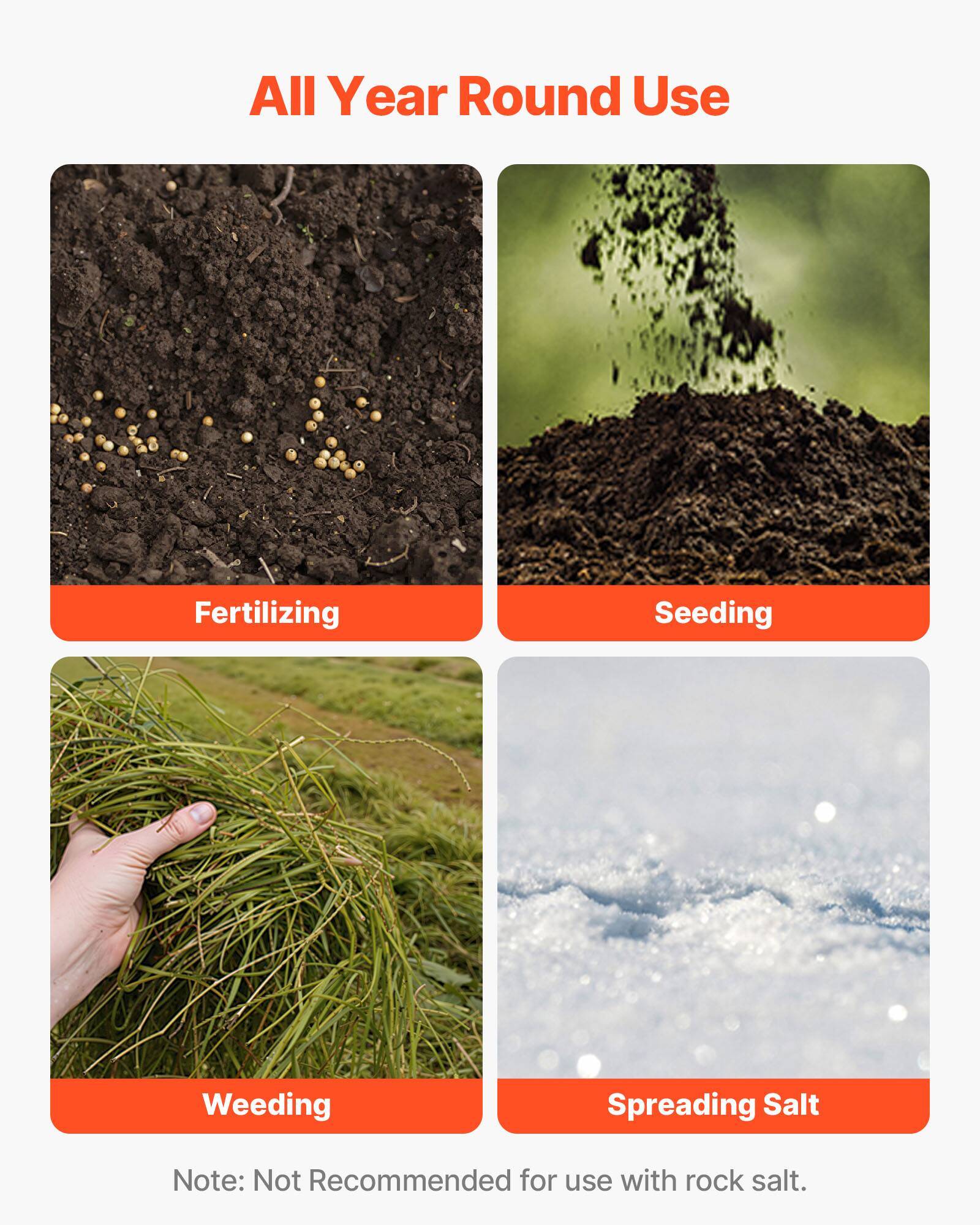 All Year Round Use

- Fertilizing
- Seeding
- Weeding
- Spreading Salt

Note: Not Recommended for use with rock salt.