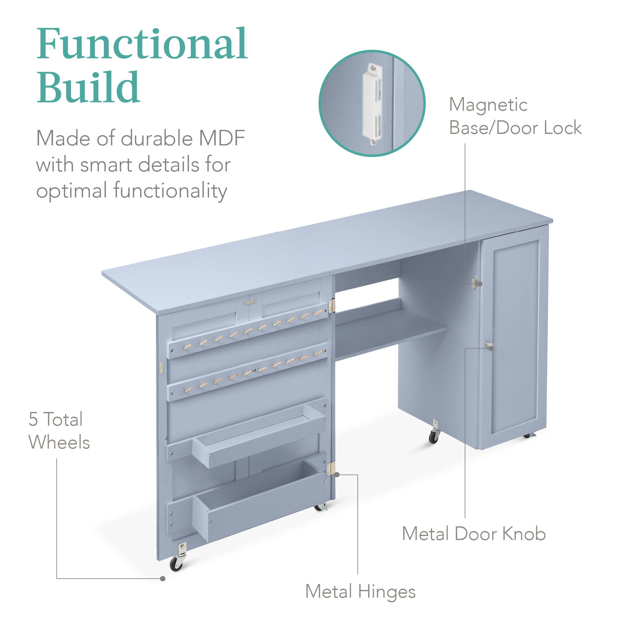 Functional Build

Made of durable MDF with smart details for optimal functionality

- Magnetic Base/Door Lock
- 5 Total Wheels
- Metal Door Knob
- Metal Hinges