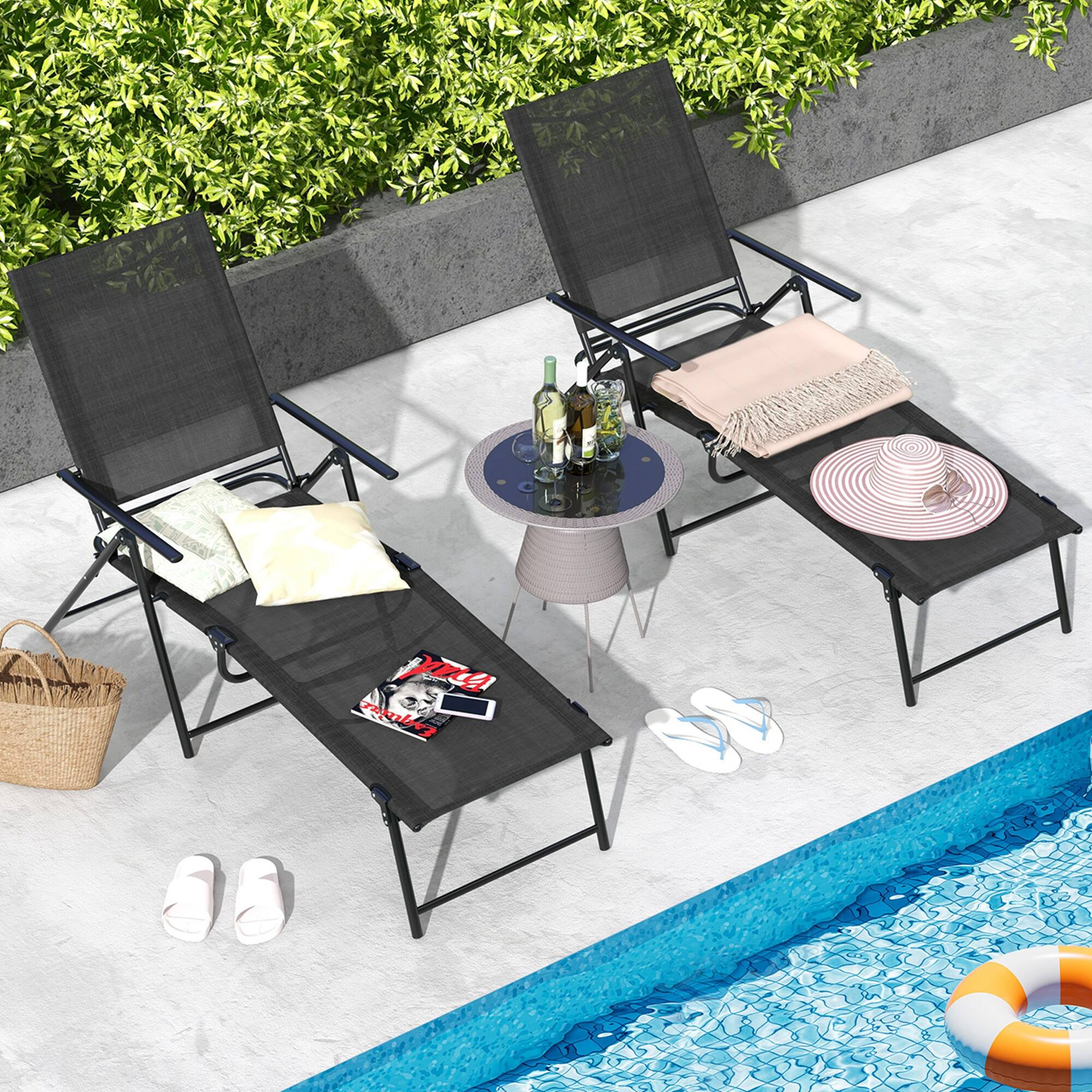 Angle. Costway - 2 Piece Patio Folding Chaise Lounge Chairs with 6-Level Backrest Reclining Chairs - Black.