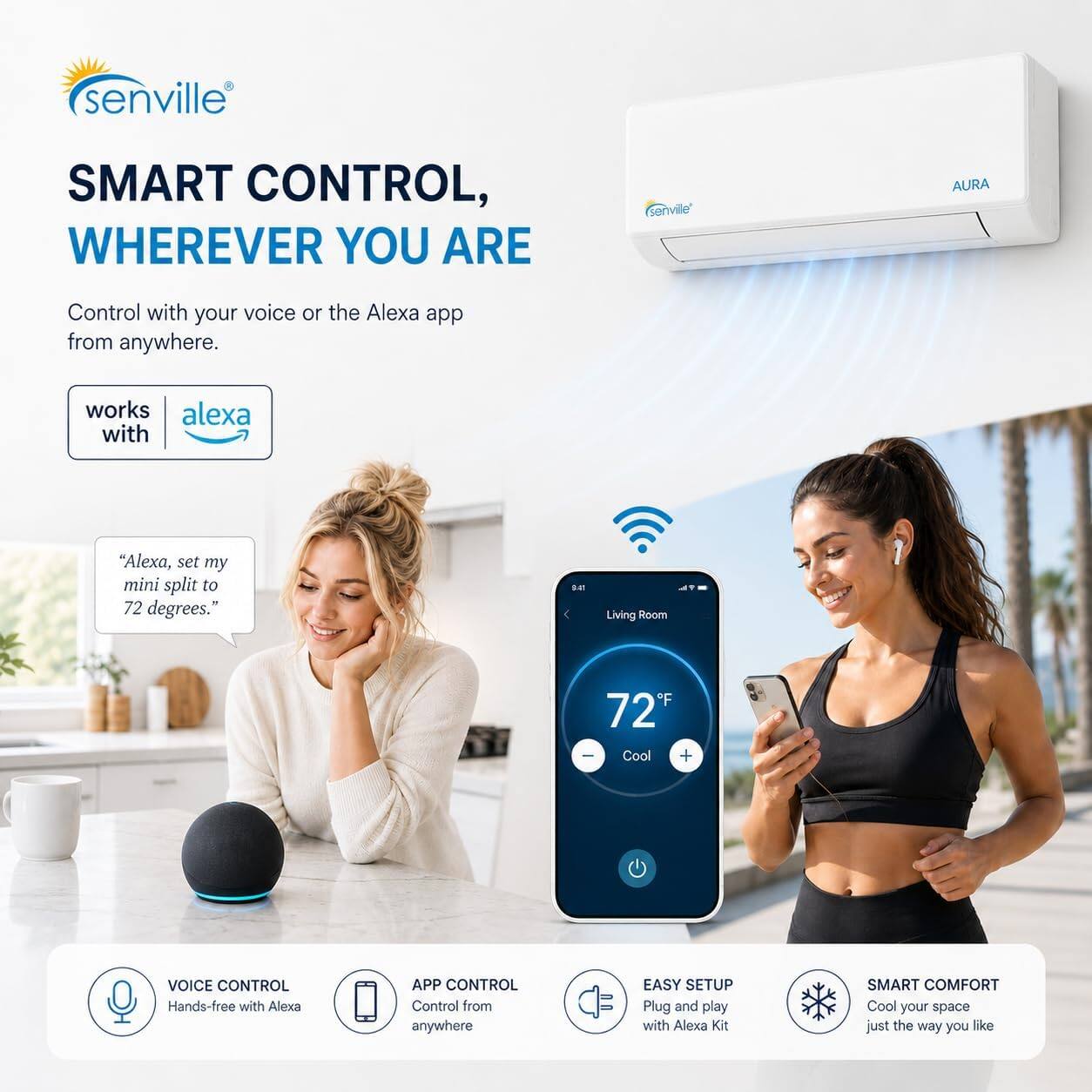 senville SMART CONTROL, WHEREVER YOU ARE

Control with your voice or the Alexa app from anywhere.

works with alexa

"Alexa, set my mini split to 72 degrees."

VOICE CONTROL
Hands-free with Alexa

APP CONTROL
Control from anywhere

EASY SETUP
Plug and play with Alexa Kit

SMART COMFORT
Cool your space just the way you like