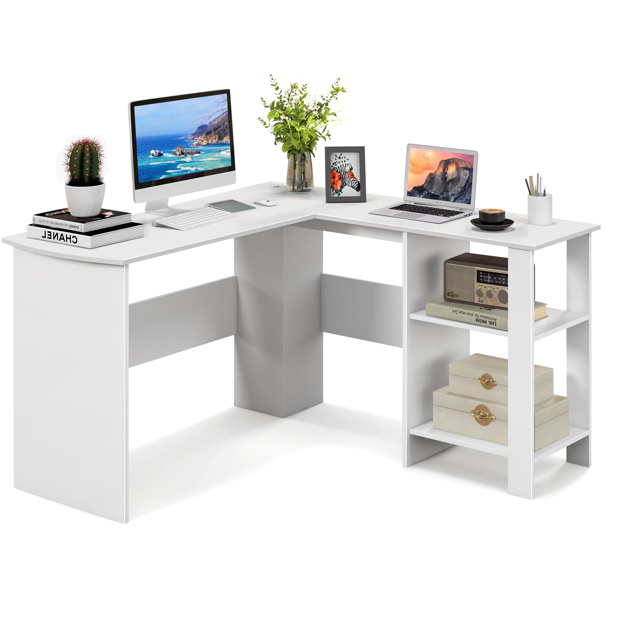 Costway - L-shaped Corner Computer Desk Home Office Writing Workstation with Storage Shelves - White