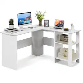 Costway - L-shaped Corner Computer Desk Home Office Writing Workstation with Storage Shelves - White