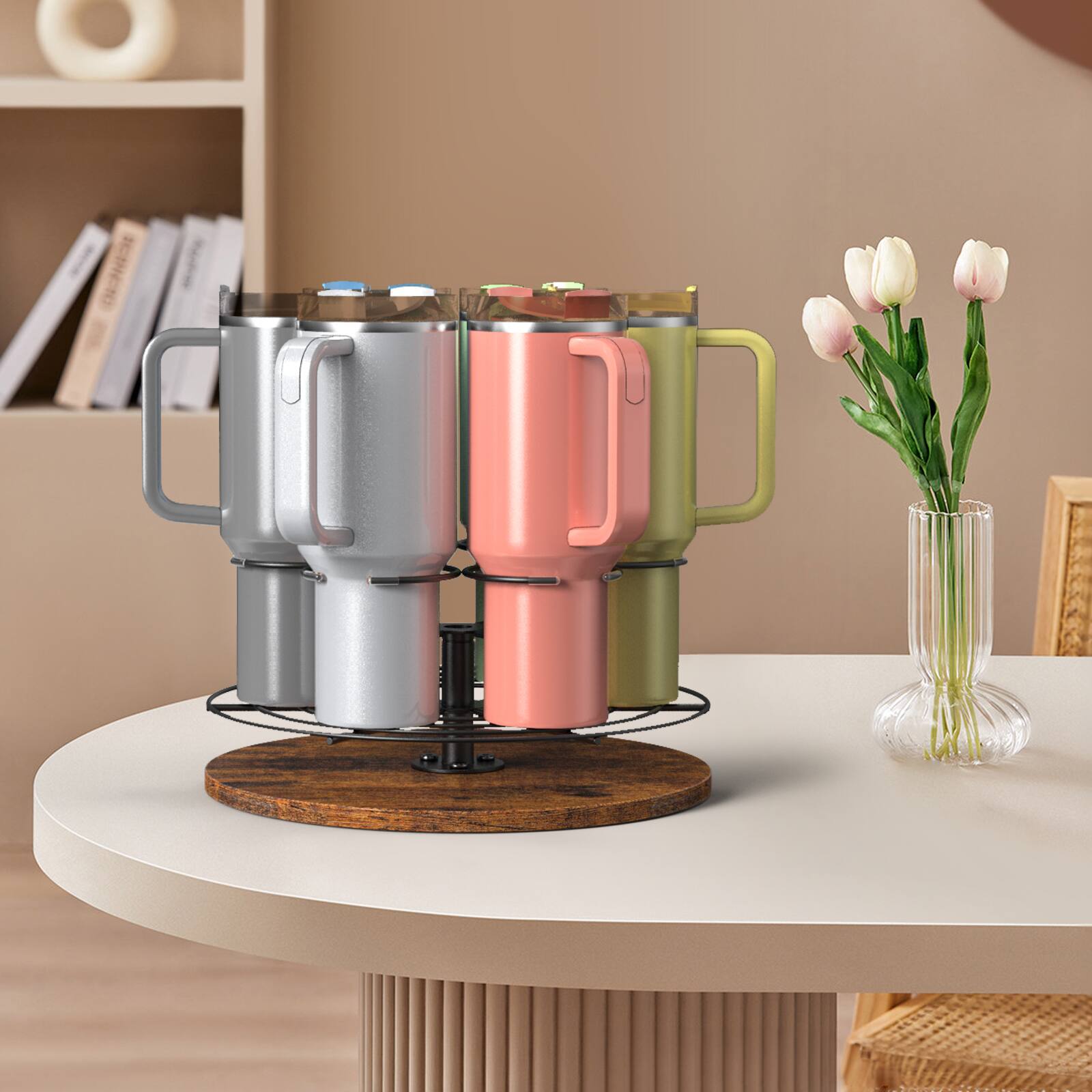 Angle. Oumilen - Rotating Tumbler Cup Holder with Wooden Base, Black Carbon Steel Frame.