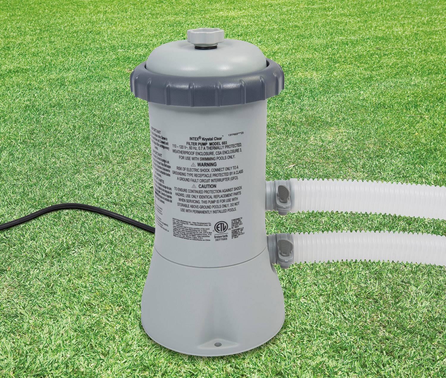INTEX Krystal Clear FILTER PUMP MODEL DOS T 120 V- 0 Hz 0.7 A THERMALLY PROTECTED ENCLOSURE 1 WEATHERPROOF ENCLOSURE CSA FOR USE WITH SWIMMING POOLS ONLY A WARNING RISK OF ELECTRIC SHOCK CONNECT GROUNDING PROTECTED 5 CLASS TYPE RECEPTACLE I GROUND FAULT CIRCUIT INTERRUPTER (GFCI) CAUTION TO ENSURE CONTINUED PROTECTION PARTS MUST BE REPLACED ONLY WITH IDENTICAL REPLACEMENT PARTS USE ONLY WITH THIS PUMP 5 STORAGE ONLY ABOVE-GROUND POOLS WITH PERMANENTLY INSTALLED POOLS ETL