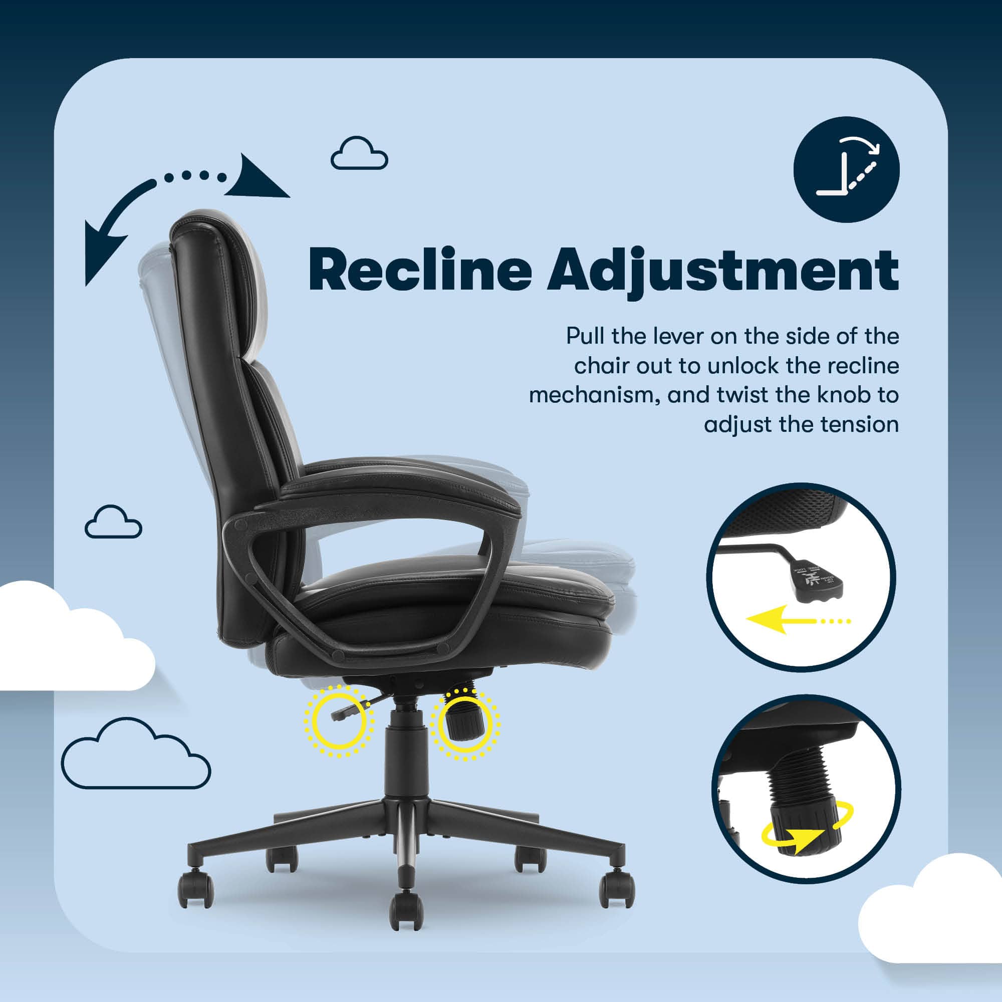 Recline Adjustment: Pull the lever on the side of the chair out to unlock the recline mechanism, and twist the knob to adjust the tension.