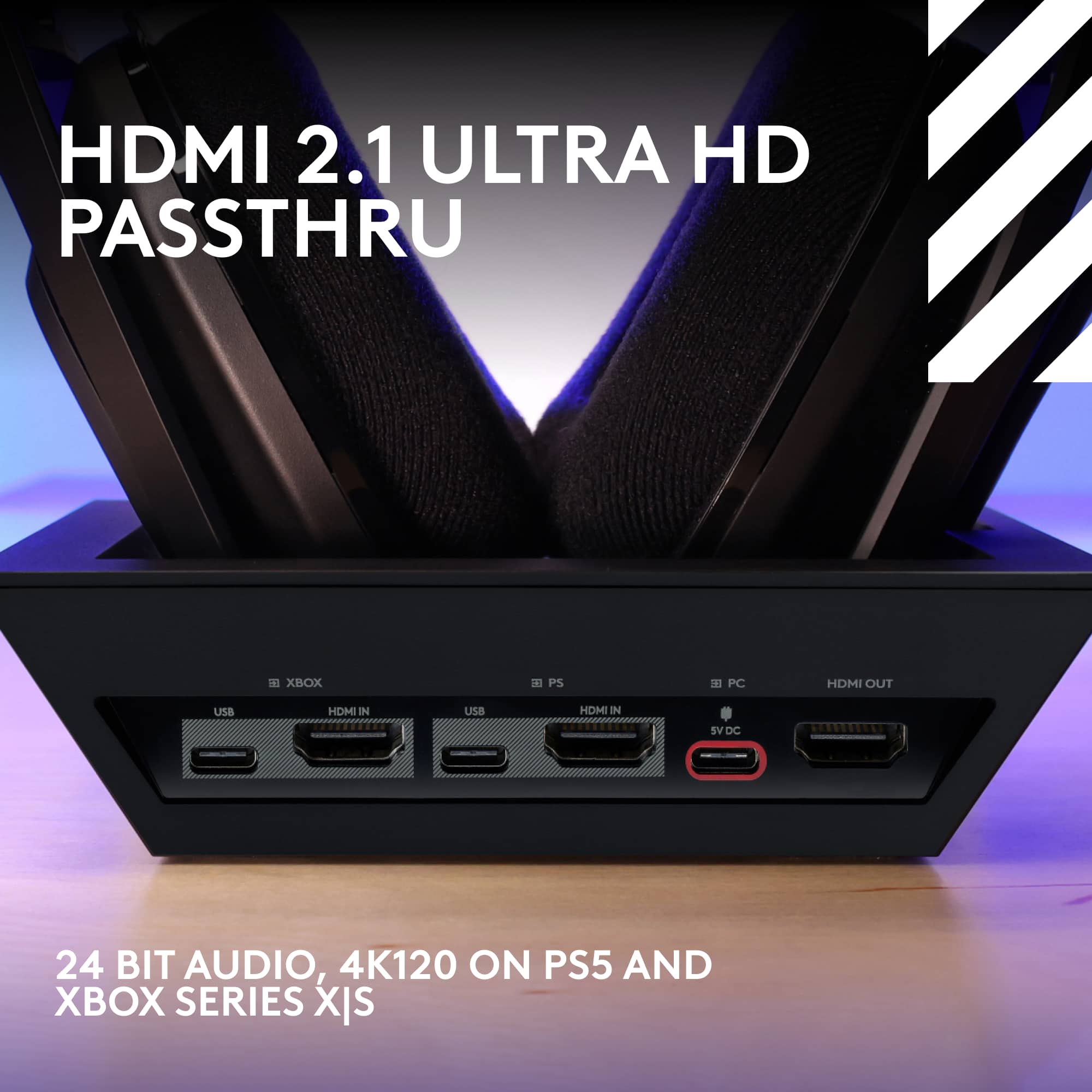The image features a black box with a HDMI 2.1 Ultra HD Pass Through, which allows for 4K120 on PS5 and Xbox Series X. The box also has a 24-bit audio output and supports USB HDMI out, making it a versatile and high-quality gaming setup.