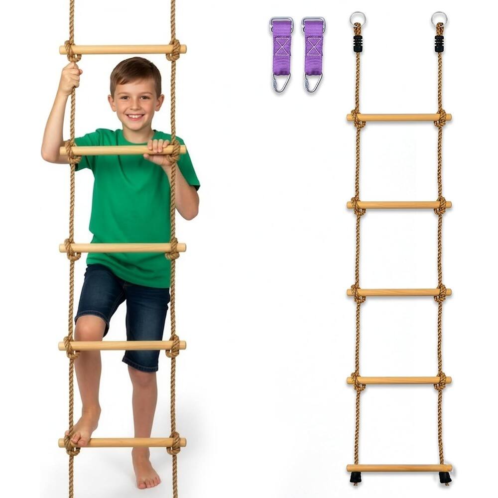 Front. MOSZAR LLC - Wooden Rope Ladder for Kids, 6ft, Heavy-Duty Rope with Wood Rungs.