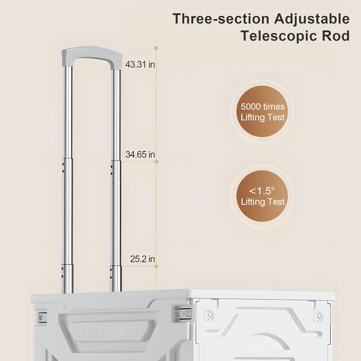 Three-section Adjustable Telescopic Rod

- 43.31 in
- 34.65 in
- 25.2 in

5000 times Lifting Test

<1.5° Lifting Test