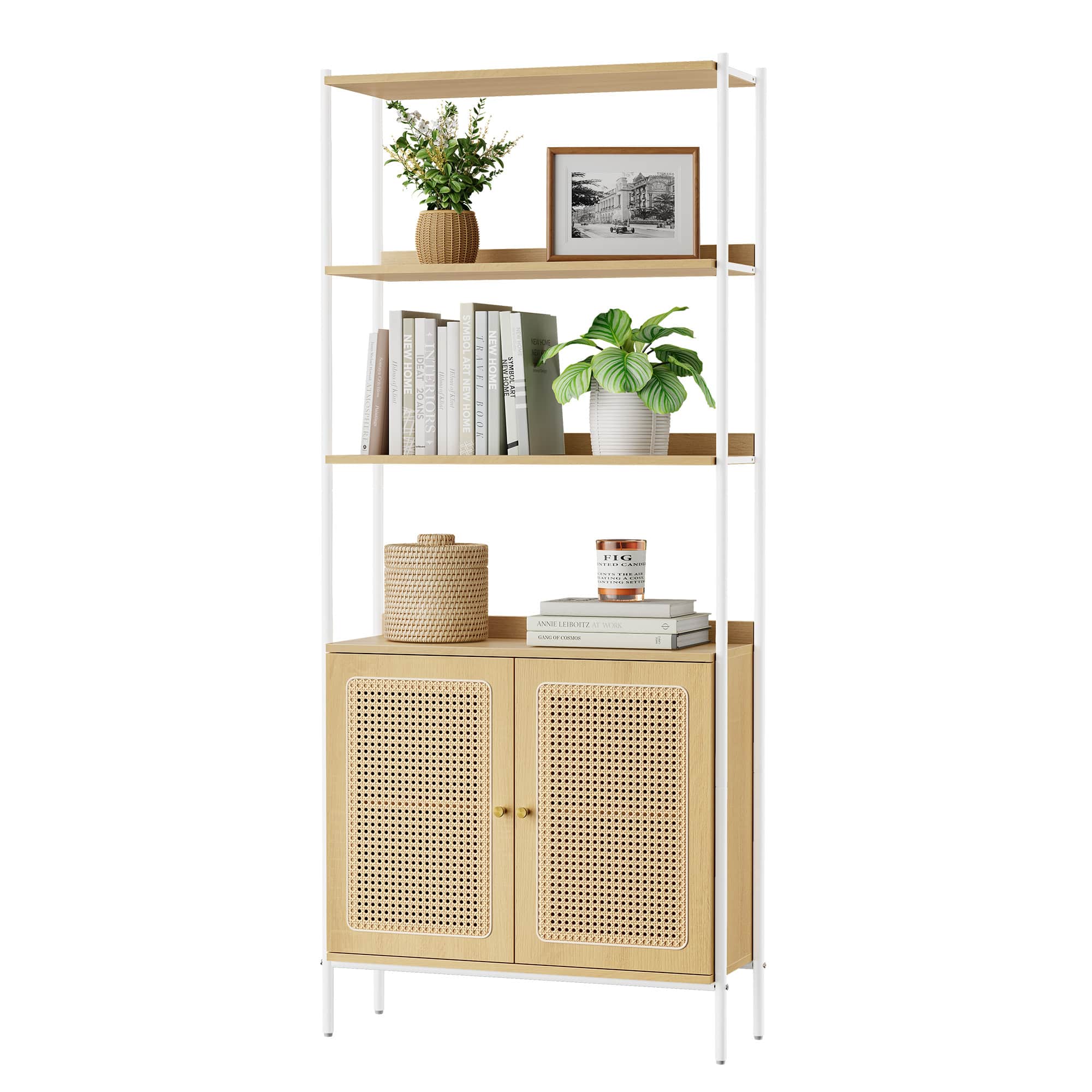Songmics Home - 6-Tier Bookcase, Tall Bookshelf with Rattan-Like Doors, Boho Style, Freestanding Storage Shelf, Adjustable Shelf - Yellow and white
