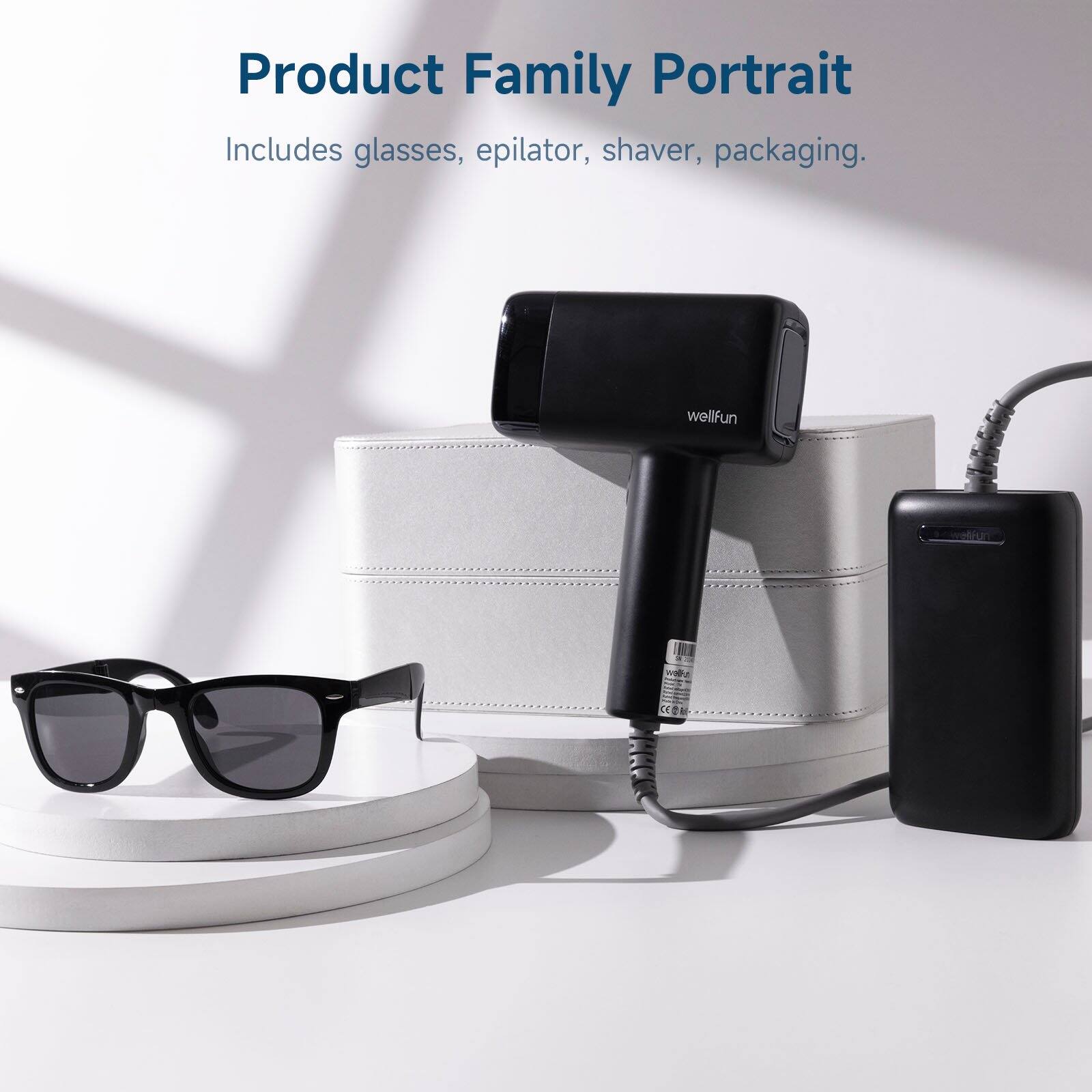 Product Family Portrait

Includes glasses, epilator, shaver, packaging.