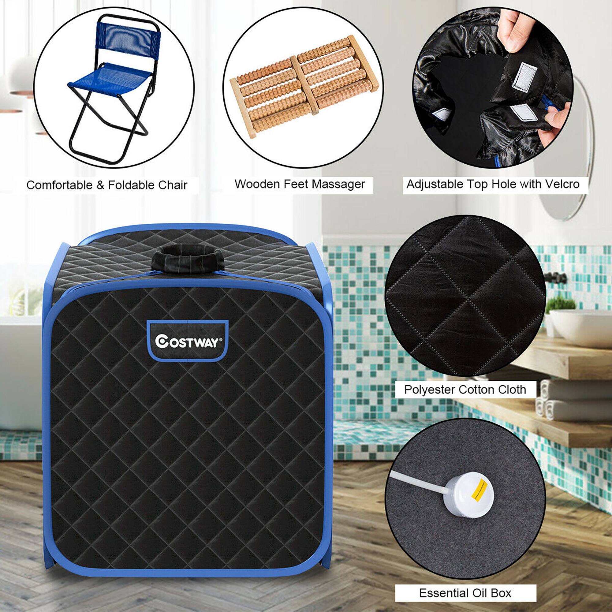 The image features a variety of items, including a comfortable and foldable chair, a wooden feet massager, an adjustable top hole with velcro, a polyester cotton cloth, and an essential oil box.