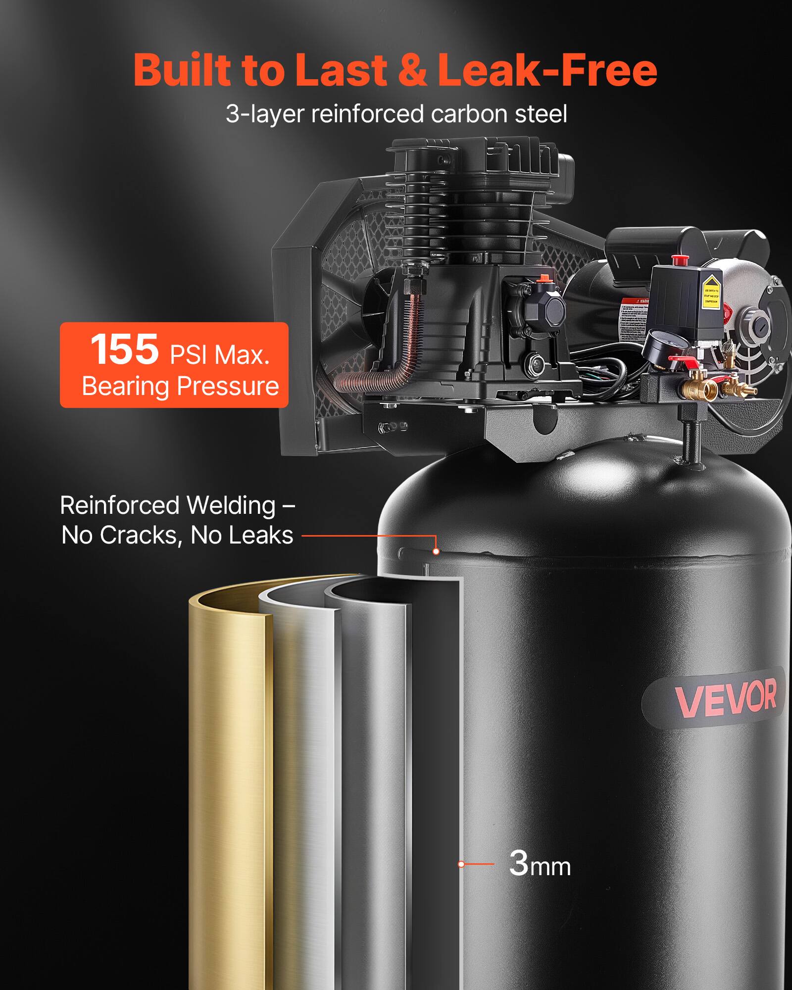 Built to Last & Leak-Free  
3-layer reinforced carbon steel  
155 PSI Max. Bearing Pressure  
Reinforced Welding - No Cracks, No Leaks  
VEVOR  
3mm